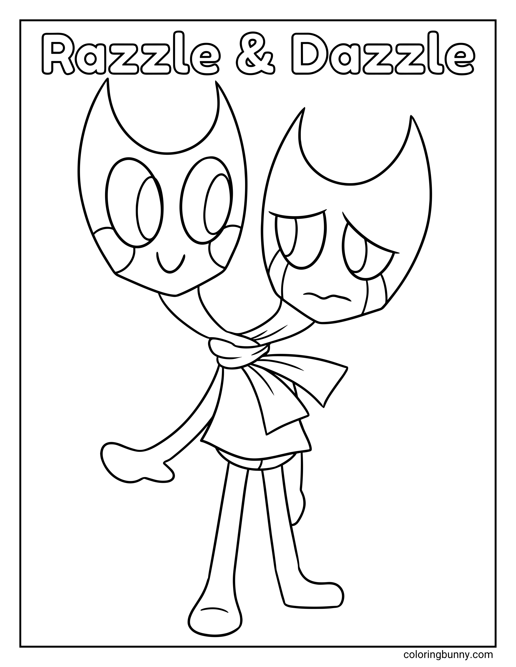 Dandy’s World Razzle and Dazzle coloring page featuring a two-headed character with one smiling face and one frowning face, both attached to a shared body with a tied scarf, simple clothing, long legs, and open space around the figure.