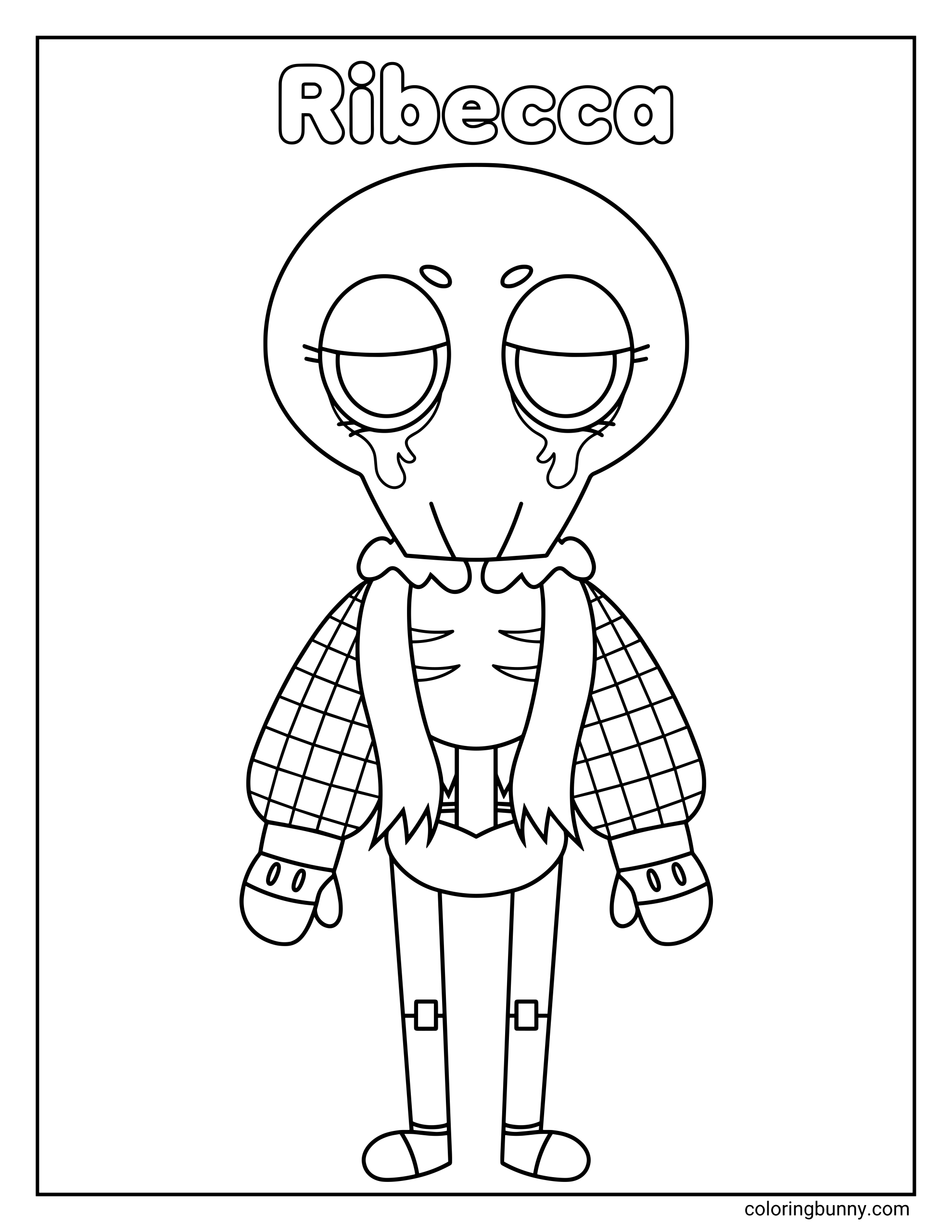 A coloring page of Ribecca from Dandy’s World standing in a simple full-body pose, with a skull-shaped head, droopy half-lidded eyes, long tear-like markings, a ruffled collar, plaid sleeves, long gloves, and simple shoes beneath the name “Ribecca” at the top.