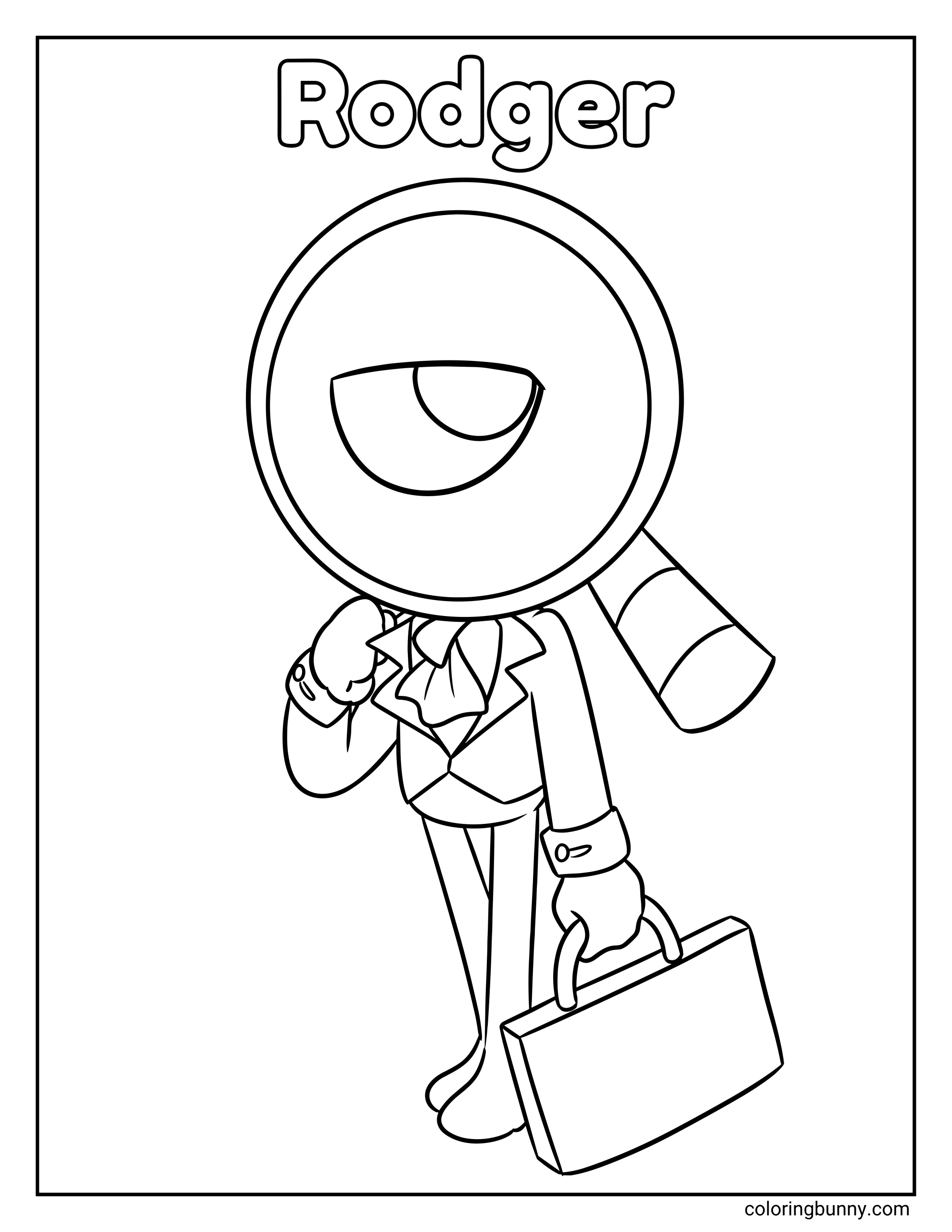 A simple Dandy’s World coloring page showing Rodger standing beneath the word “Rodger,” with a magnifying glass head, one large eye, a briefcase, detective outfit details, and a centered composition that is easy to color.