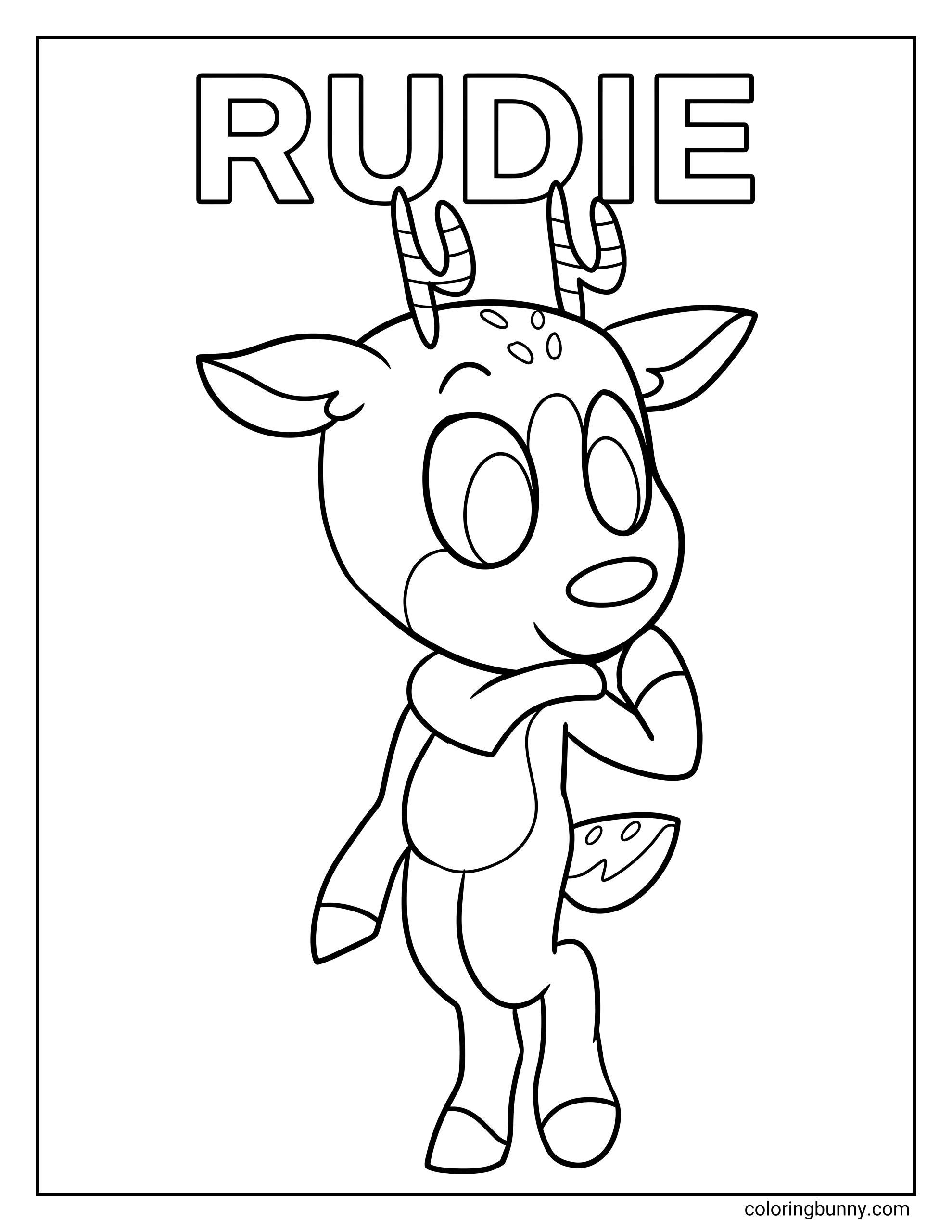 Dandy’s World Rudie coloring page featuring Rudie in a centered full-length pose, with small striped antlers, pointed deer ears, large oval eyes, a tiny smile, crossed arms, spotted markings on the forehead and tail, and simple hoof-like feet.