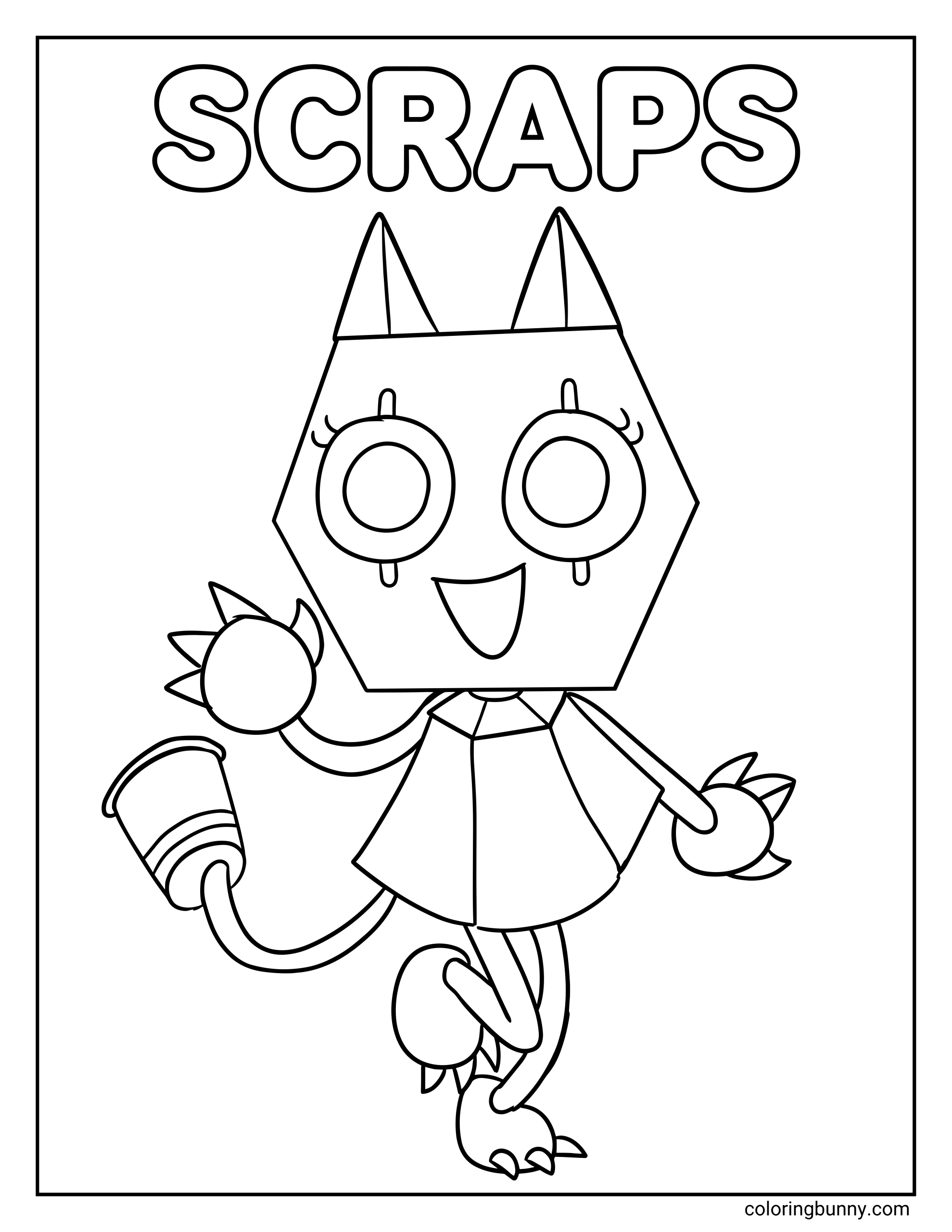 A Dandy’s World coloring sheet featuring Scraps standing upright with a hexagon-shaped head, cat ears, large circular eyes, a happy open mouth, a patchwork dress, clawed hands and feet, and the word “SCRAPS” written in large letters above.