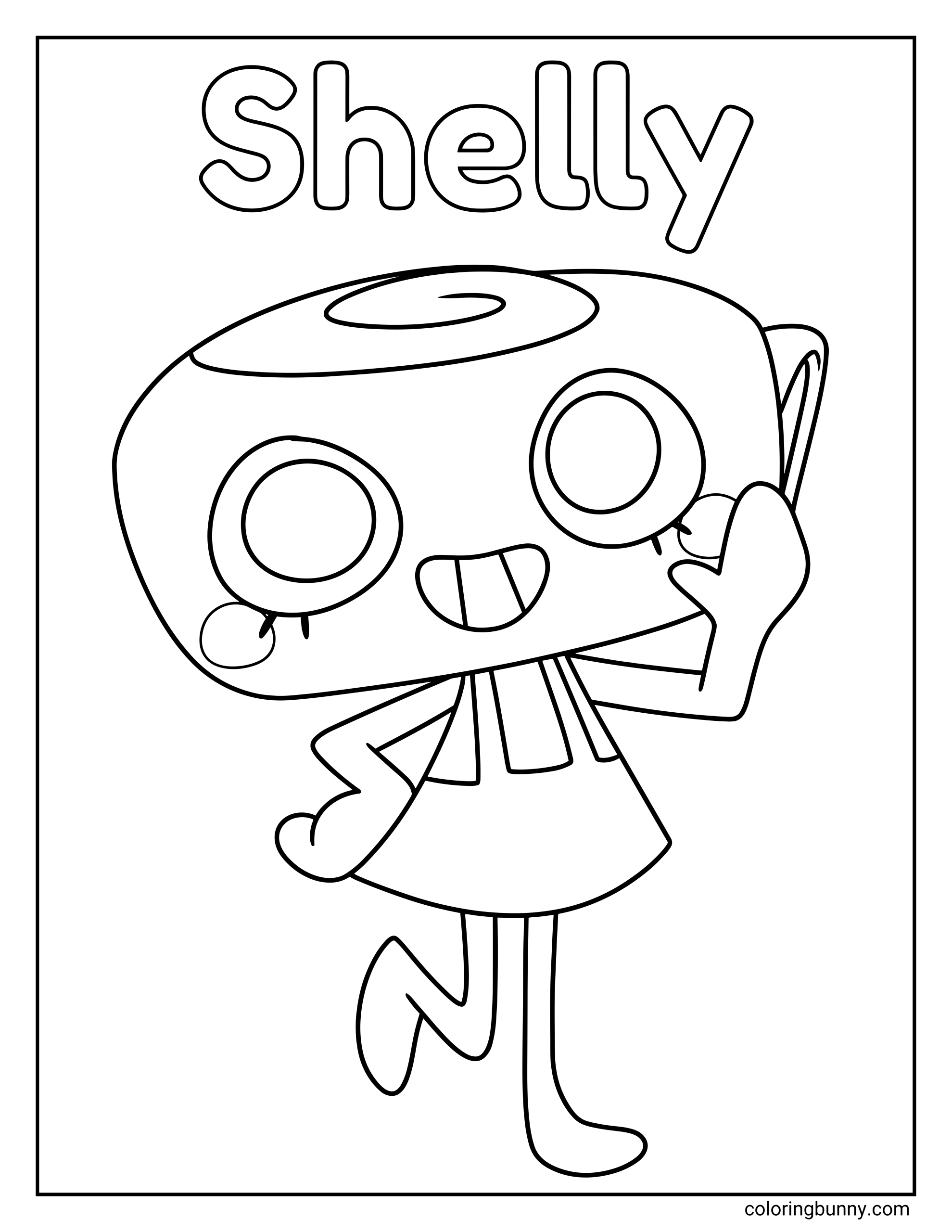 An easy coloring page of Shelly from Dandy’s World in a full-body character portrait, with a shell-like head, big round eyes, a smiling mouth, cheek circles, a simple dress, and bold black outlines against a plain background.