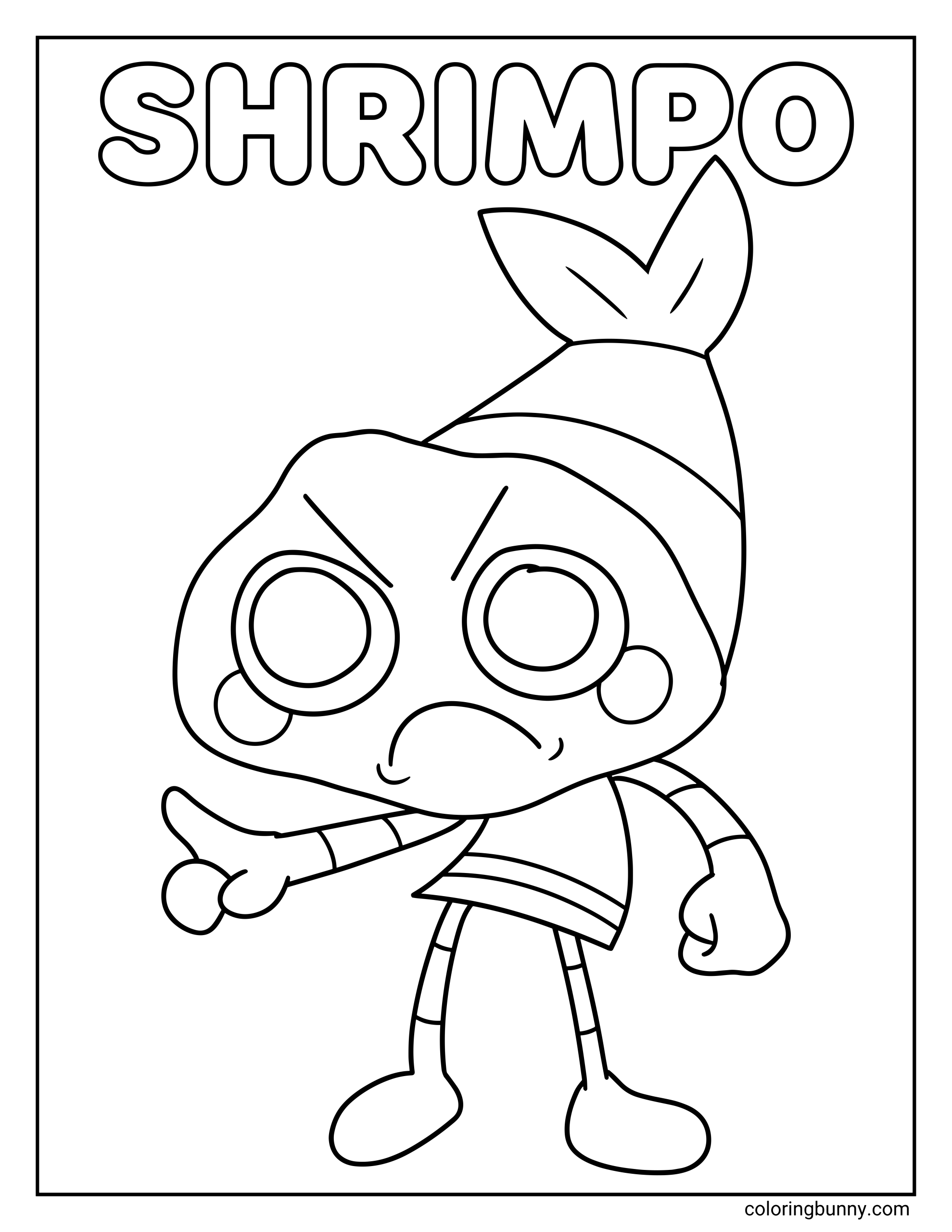 A simple Dandy’s World coloring page showing Shrimpo standing beneath the word “SHRIMPO,” with an angry expression, one arm pointing outward, a party hat, striped sleeves, and a centered composition that is easy to color.