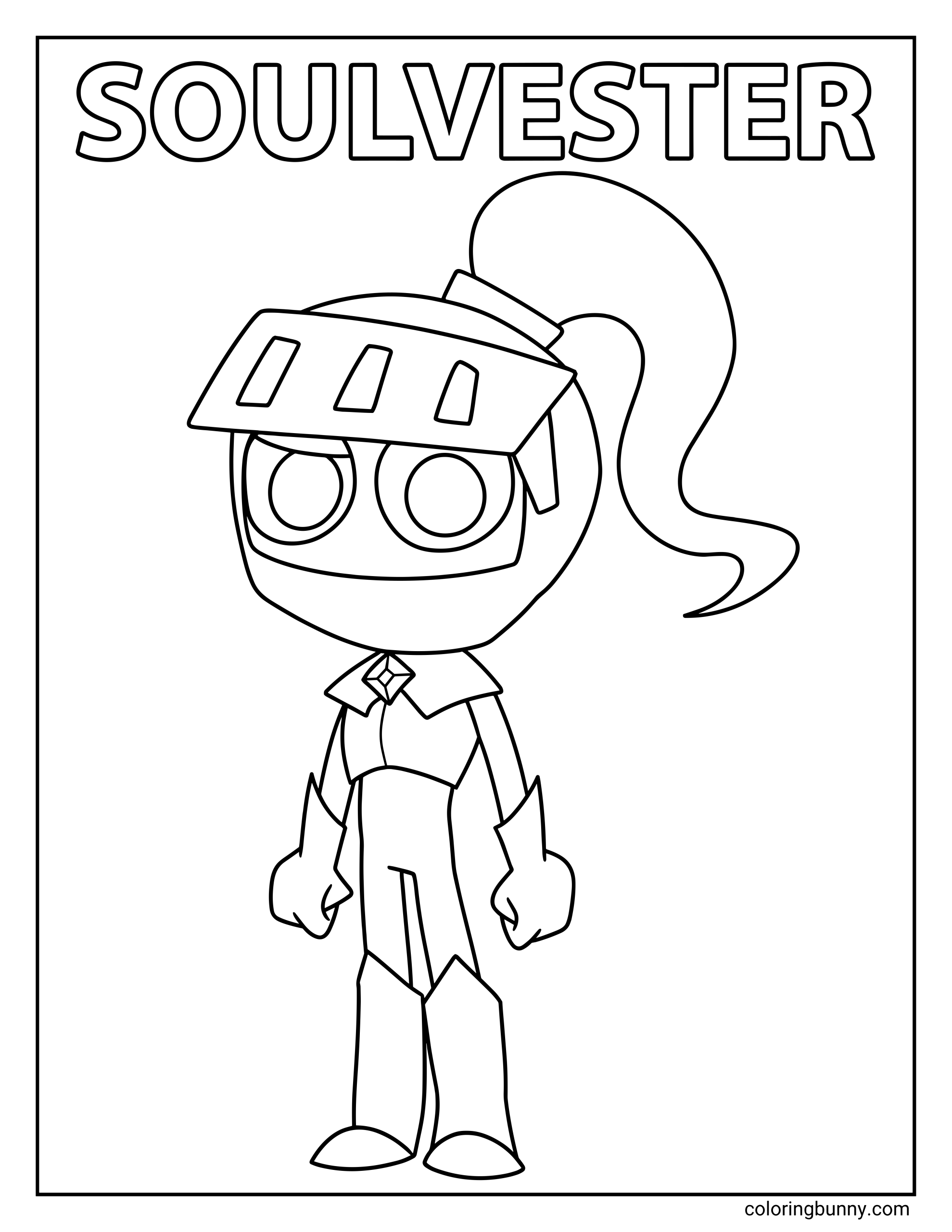 A simple Dandy’s World coloring page showing Soulvester standing beneath the word “SOULVESTER,” with a knight-inspired helmet, big circular eyes, a long plume, armor-like gloves and boots, and a centered composition that is easy to color.