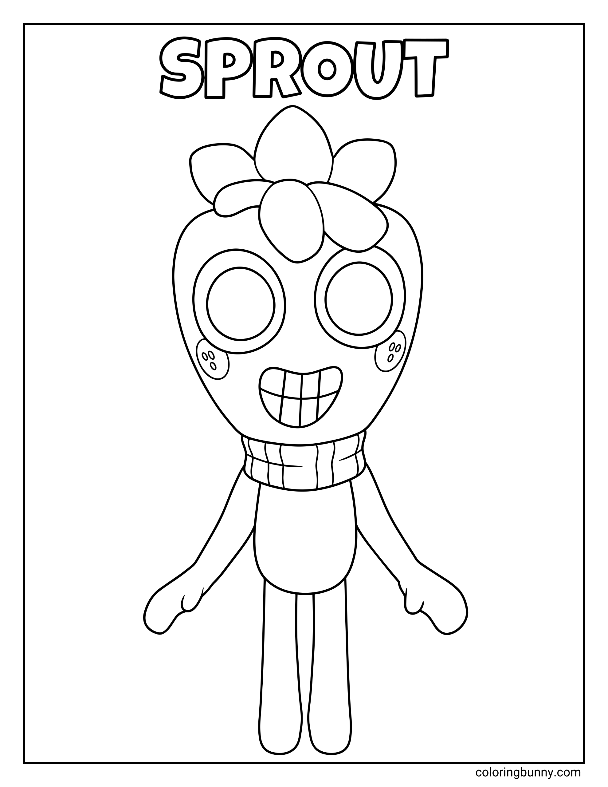 Dandy’s World Sprout coloring page featuring Sprout in a centered full-length pose, with a strawberry-shaped head, leaf details on top, large round eyes, cheek seed markings, a broad smile, a striped scarf, and long simple limbs.
