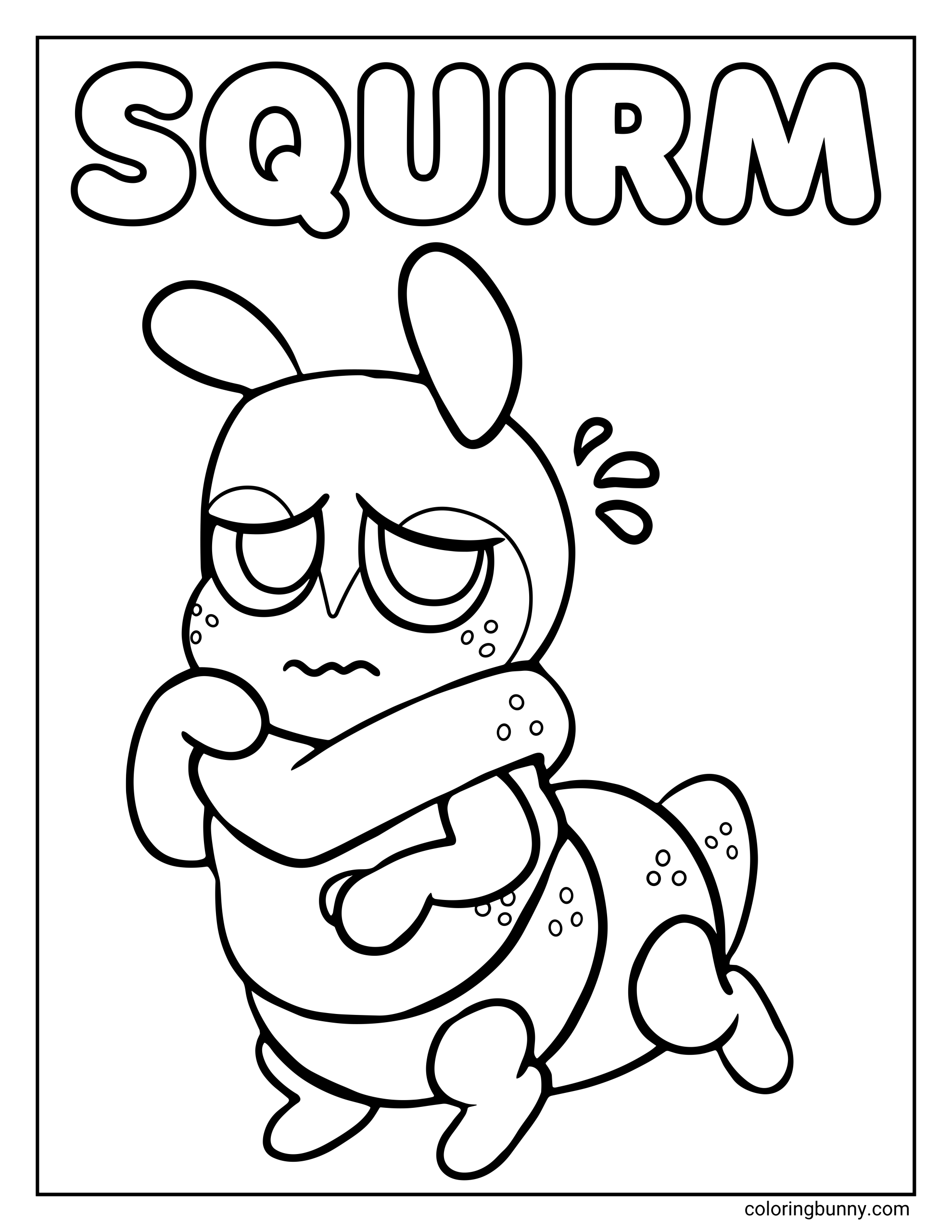 A coloring page of Squirm from Dandy’s World standing in a simple full-body pose, with floppy antenna-like shapes on the head, half-limid eyes, a frowning mouth, crossed arms, a rounded bug-like body, spotted details, and the name “SQUIRM” at the top.