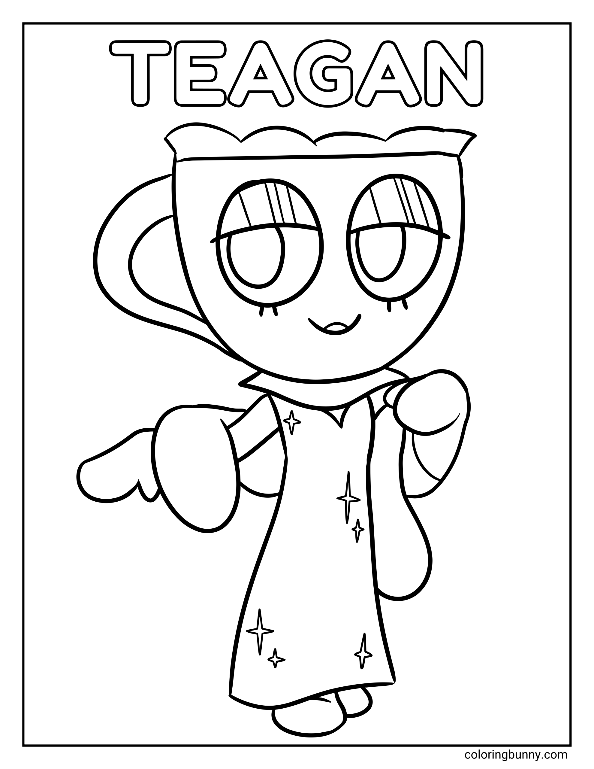 A coloring page of Teagan from Dandy’s World standing in a simple full-body pose, with a teacup-shaped head and handle, half-lidded eyes, a small smile, a long dress with star details, raised arms, and the name “TEAGAN” at the top.