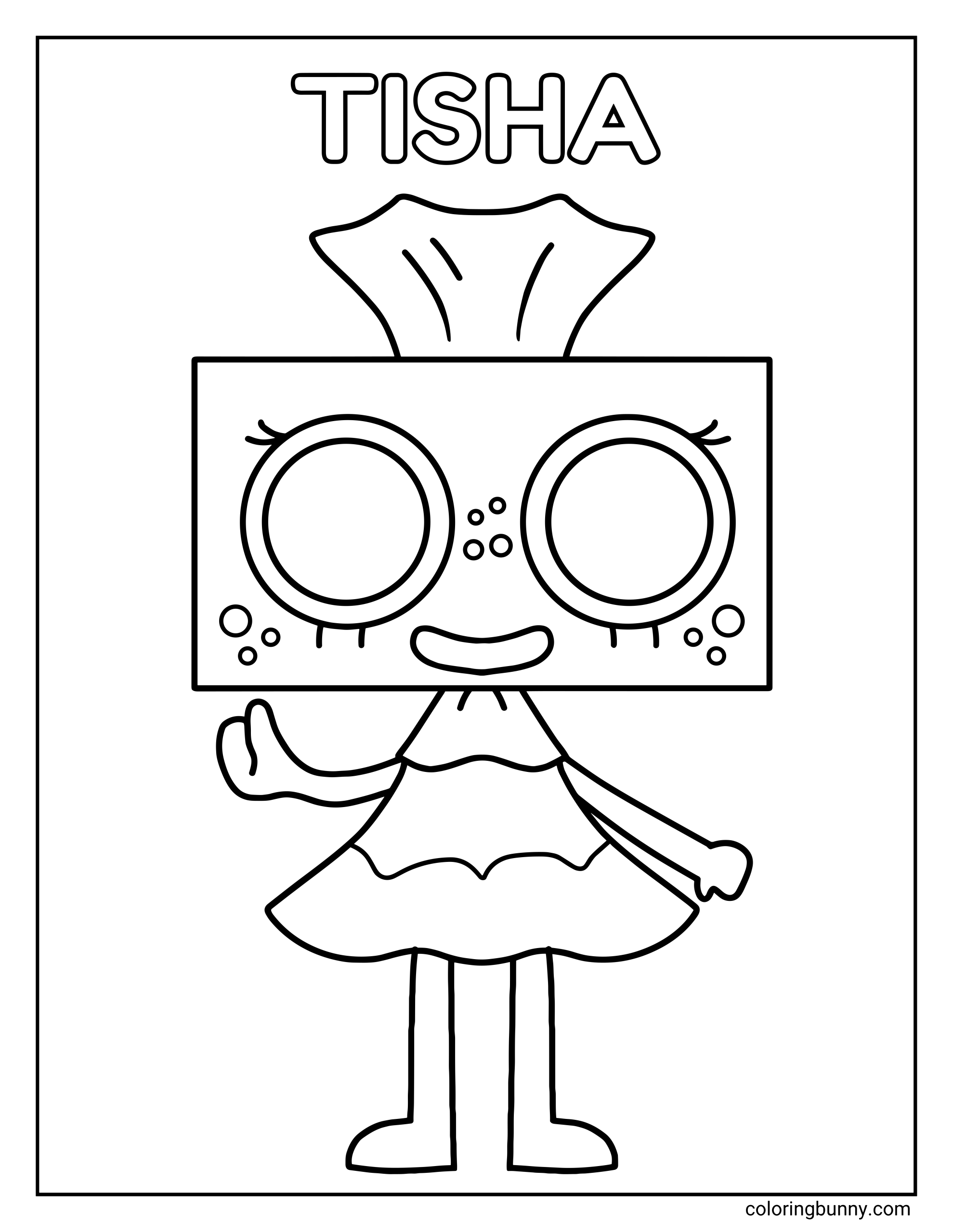 A coloring page of Tisha from Dandy’s World, shown in a centered full-body pose with a tissue box head, one hand raised, big eyes, freckles, a smiling face, and a neat easy-to-color layout.