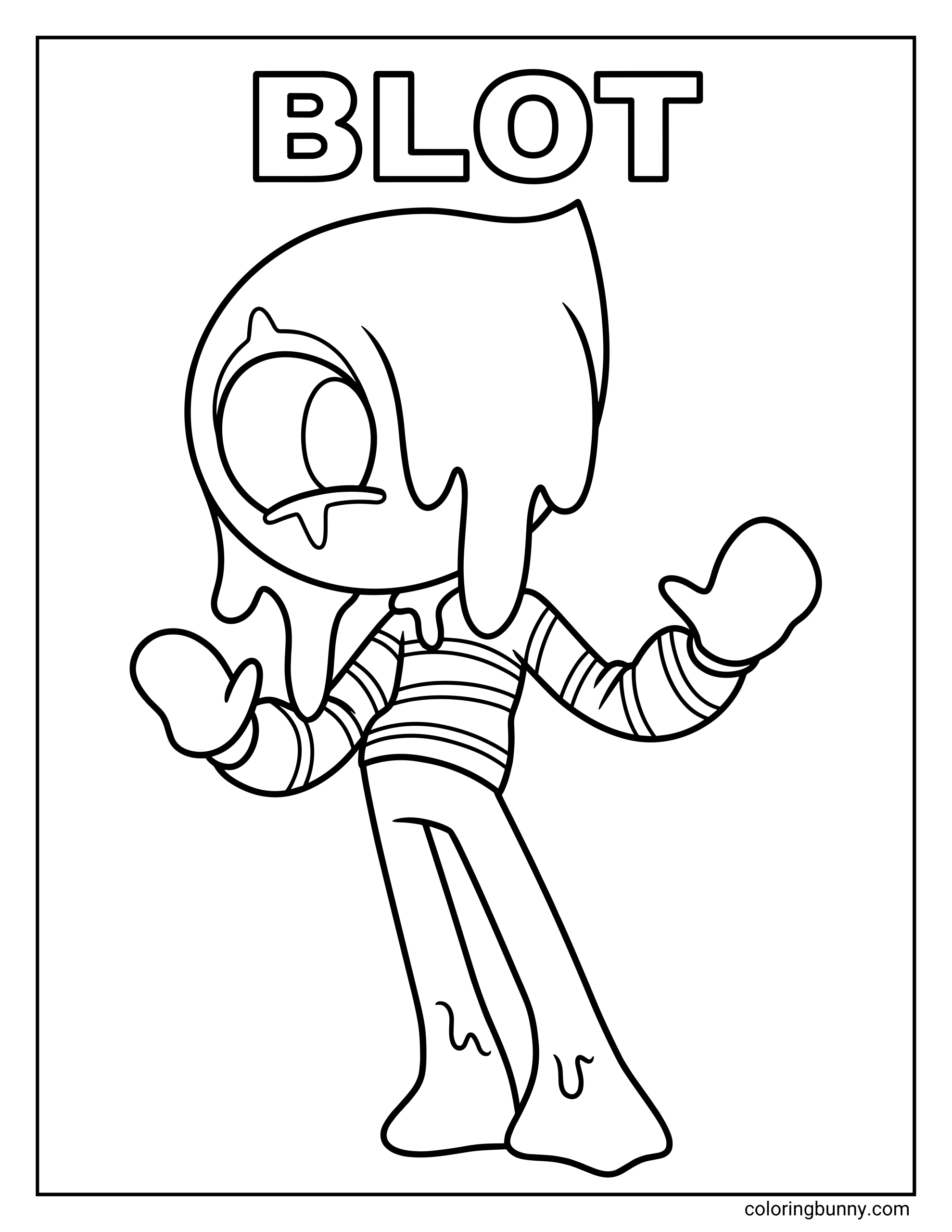 A coloring page of Blot from Dandy’s World in a centered standing pose, featuring thick dripping goo over the head, one wide eye, drooping ink details, striped sleeves, large rounded hands, and melting shapes at the bottom of the legs.
