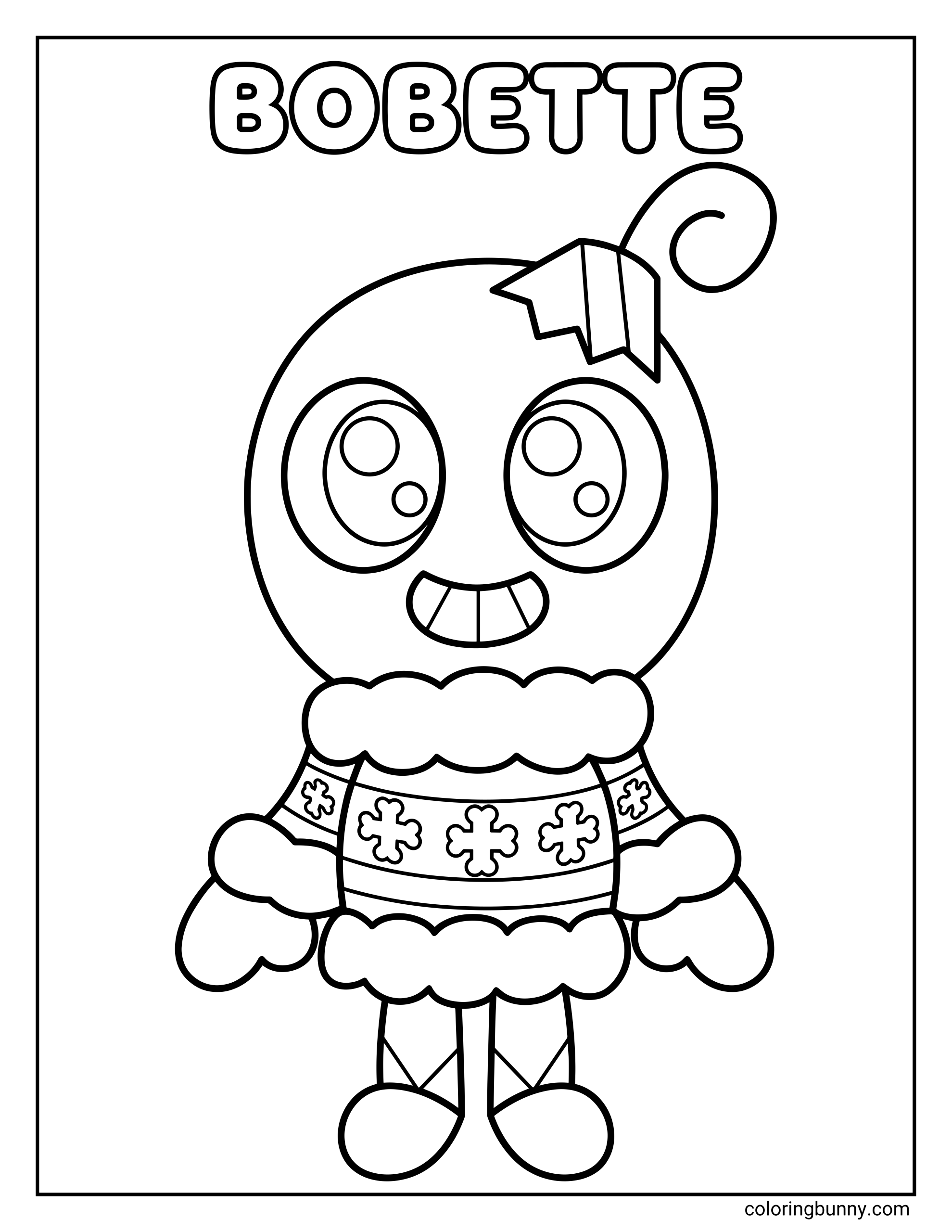 An easy coloring page of Bobette from Dandy’s World in a full-body character portrait, with a round head shaped like a bomb, a short curled fuse, fluffy clothing trim, decorative symbols on the outfit, and bold black outlines against a plain background.