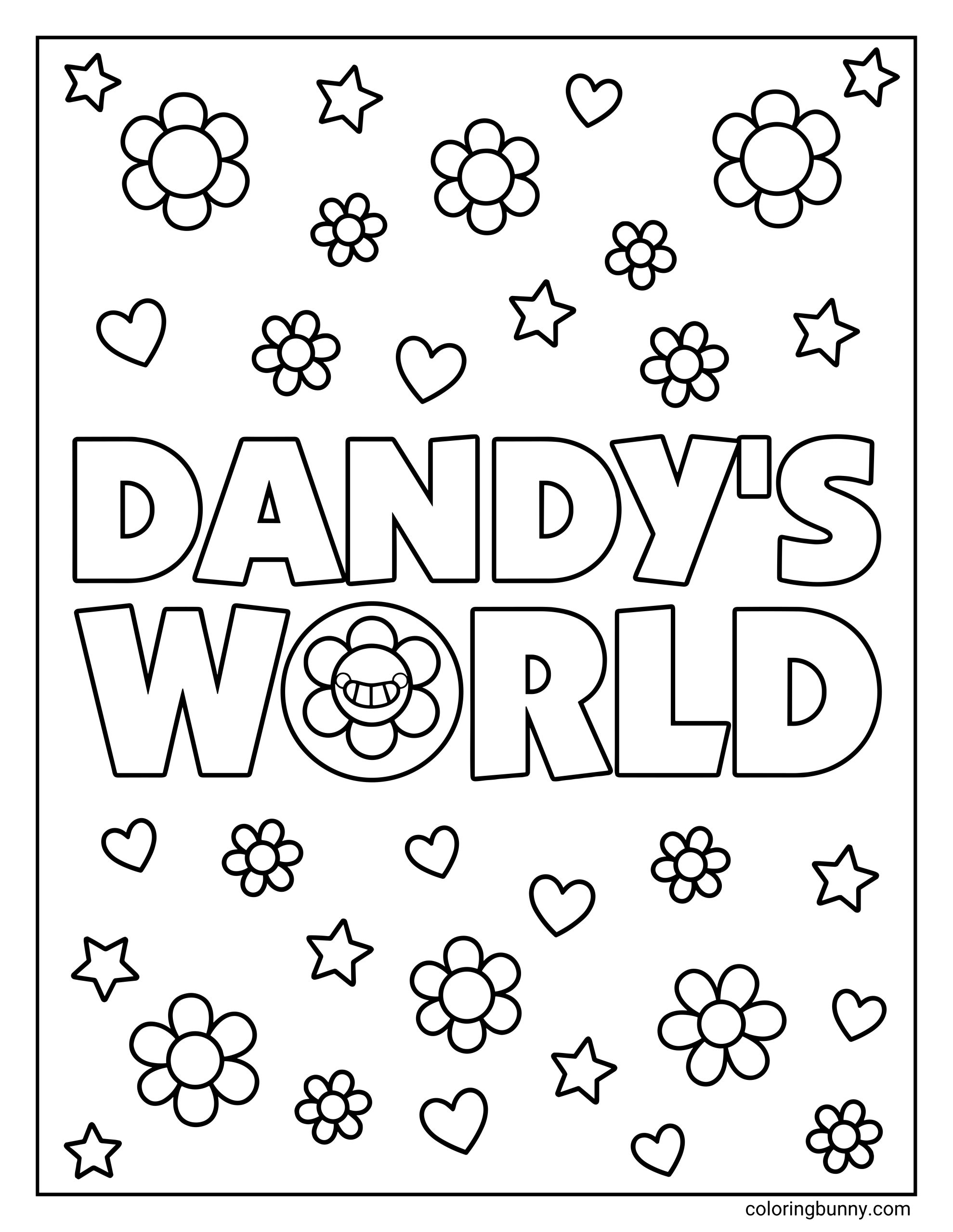 A simple Dandy’s World logo coloring page featuring large outlined text, a flower character inside the logo, and scattered hearts, stars, and daisy flowers filling the page.