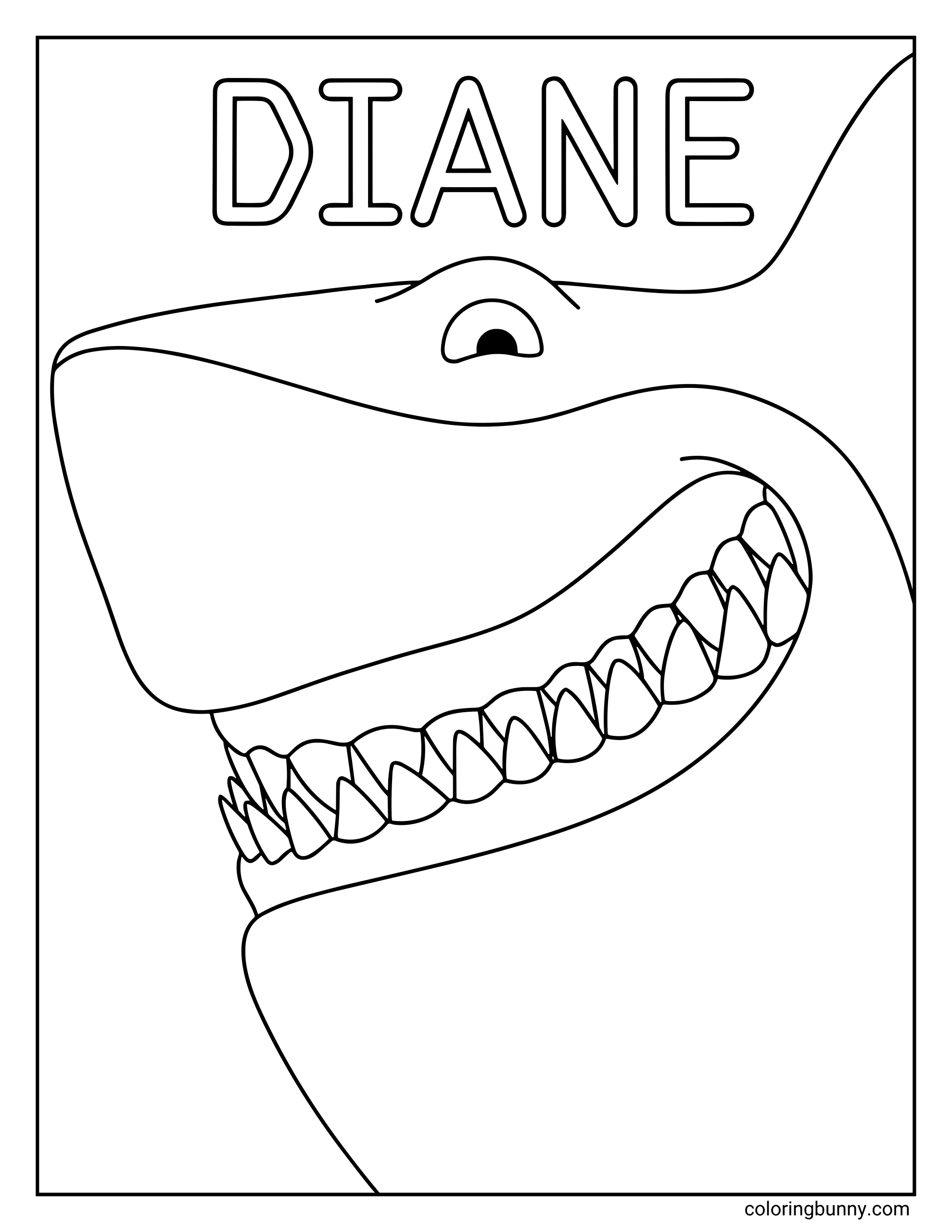 A Hoppers coloring page featuring Diane the shark with a huge toothy grin and one eye visible as she turns toward the viewer. The title “Diane” appears above her while rows of sharp triangular teeth fill her open mouth.