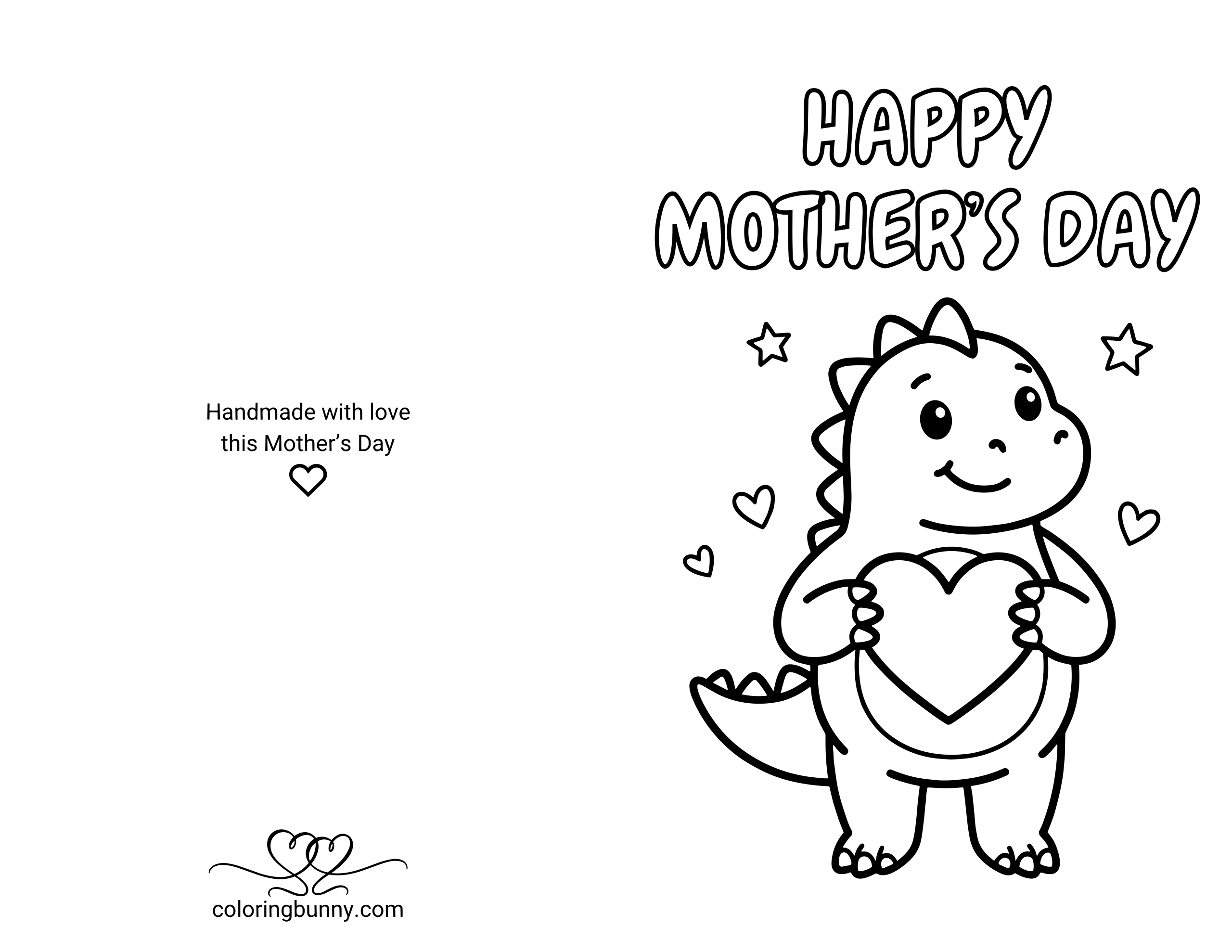 Printable Mother's Day card coloring page featuring a cute baby dinosaur with small spikes holding a large heart, surrounded by stars and hearts under 'HAPPY MOTHER'S DAY' bubble letters.