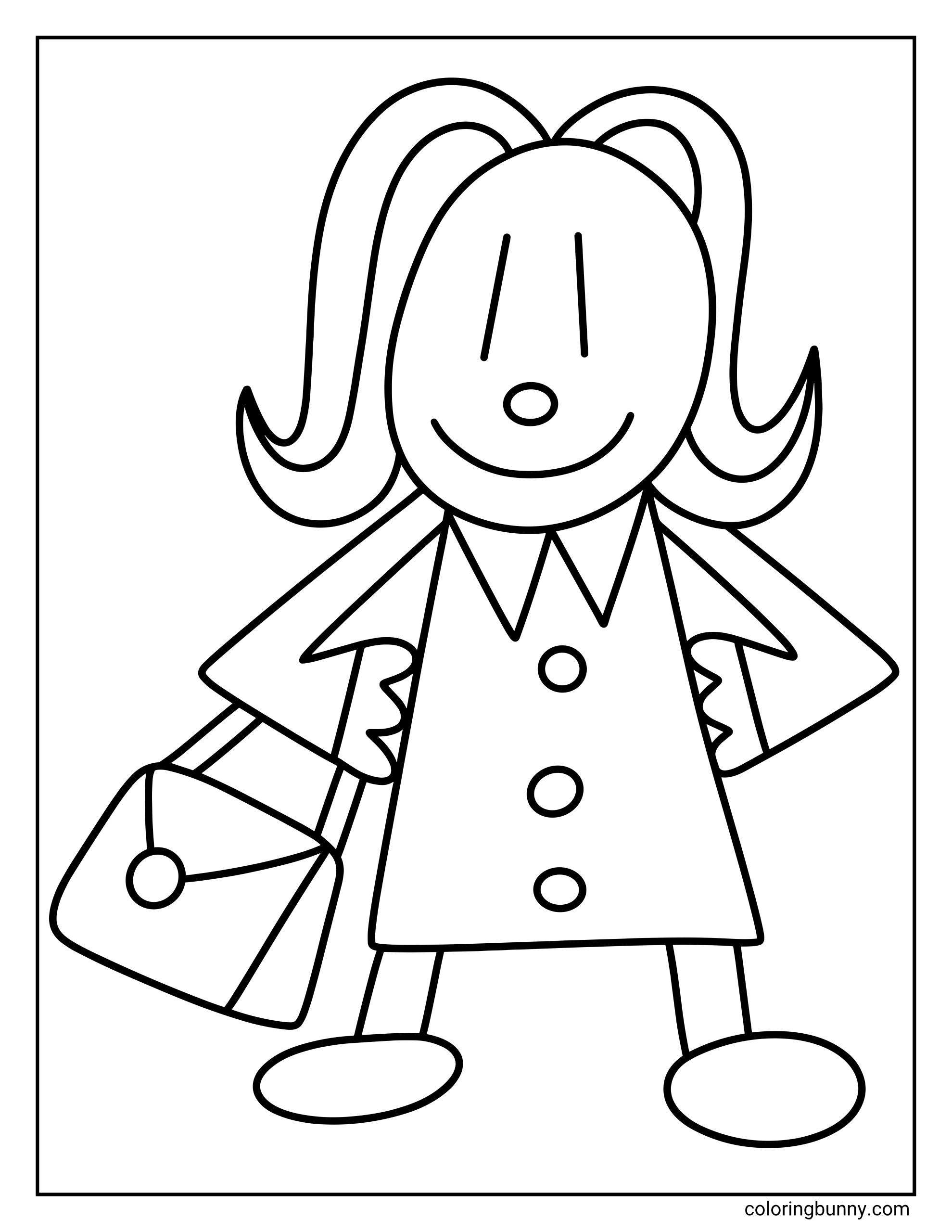 A Sarah Hatoff coloring page of Sarah from Dog Man standing with her hands on her hips and a shoulder bag hanging at her side. Her simple dress, bobbed hairstyle, and bold cartoon lines make the character easy, clear, and fun for kids to color.