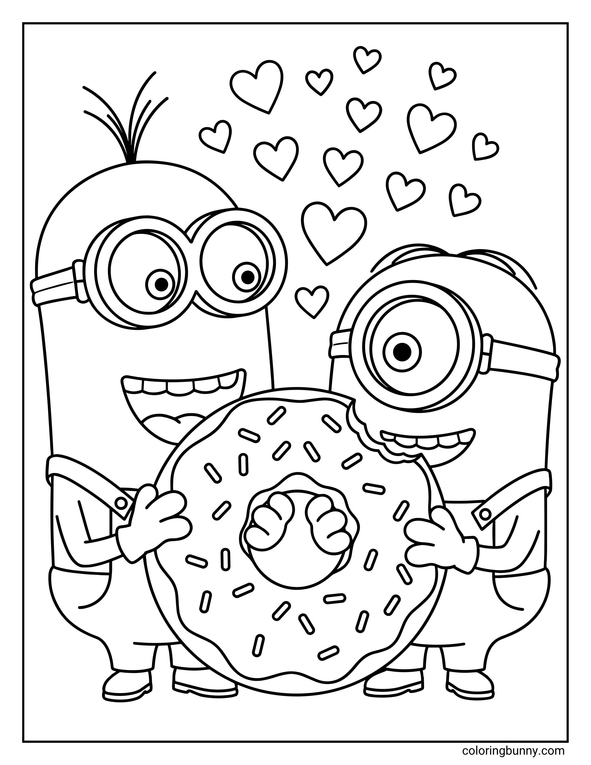 A Minions coloring page featuring Kevin and Stuart happily holding a massive, sprinkled donut between them. Floating hearts surround the two Minions as they get ready to share the giant dessert in their classic overalls.