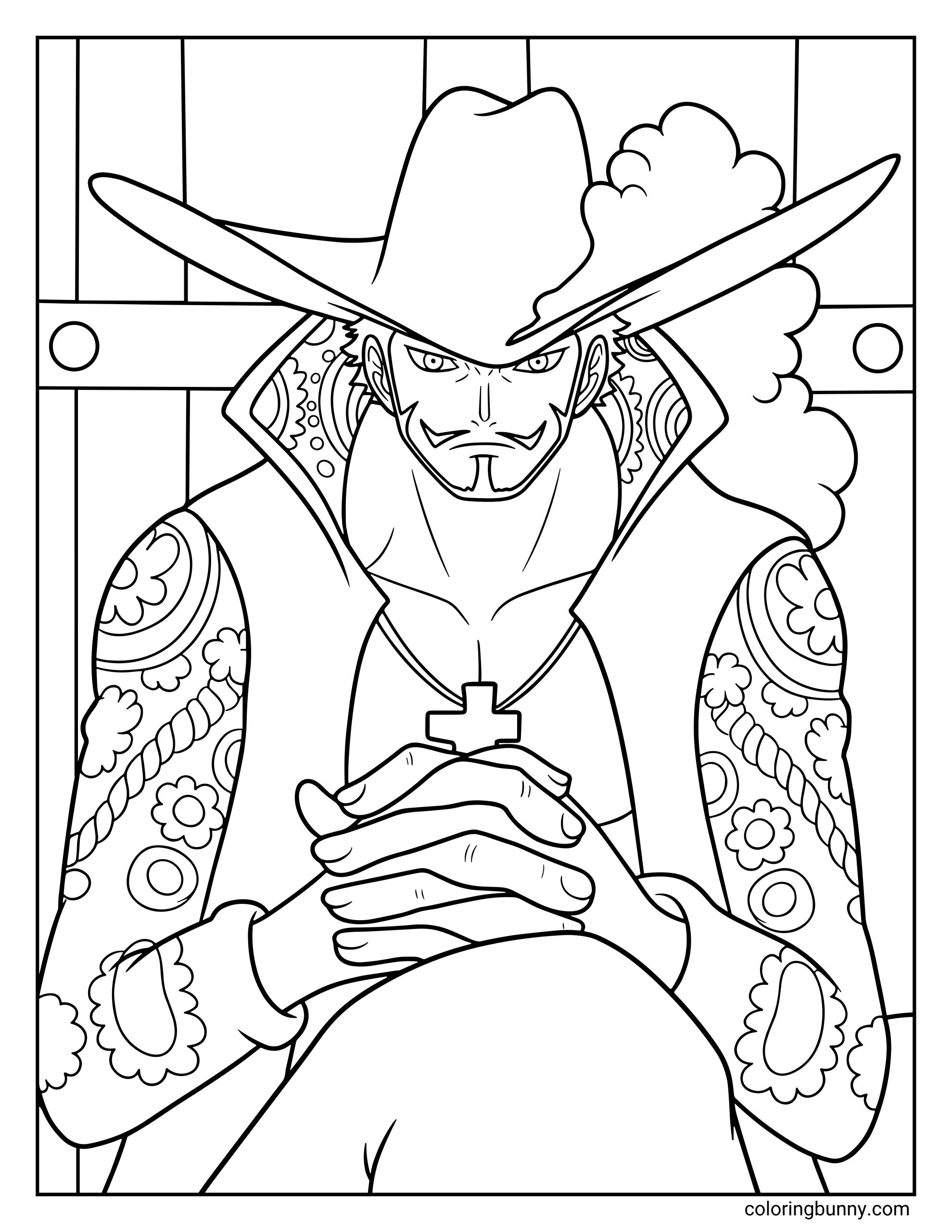 A Dracule Mihawk One Piece coloring page showing the world’s greatest swordsman sitting calmly with his hands clasped together. Wearing his large hat, cross necklace, and ornate coat with patterned sleeves, Mihawk stares forward with a sharp and intimidating expression.