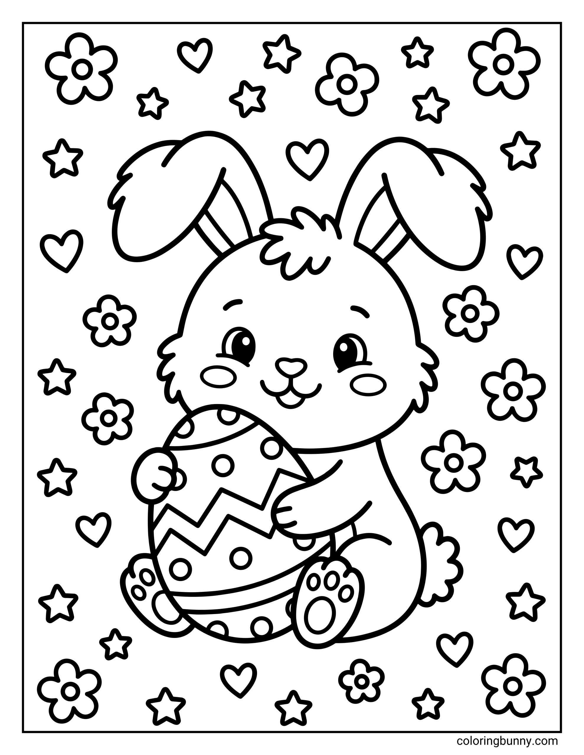 A kids coloring page of a happy Easter bunny sitting and hugging a large decorated Easter egg, with stars, hearts, and flowers floating all around the bunny in a cute spring-themed scene.