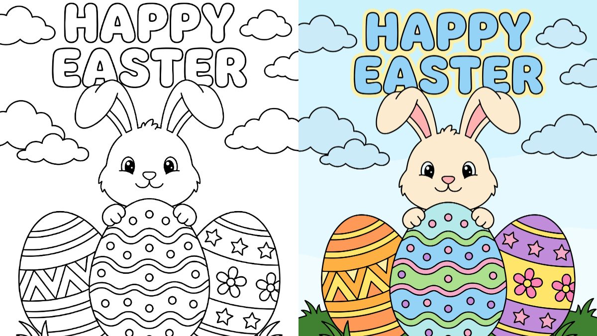 Easter coloring pages with a bunny and Easter eggs
