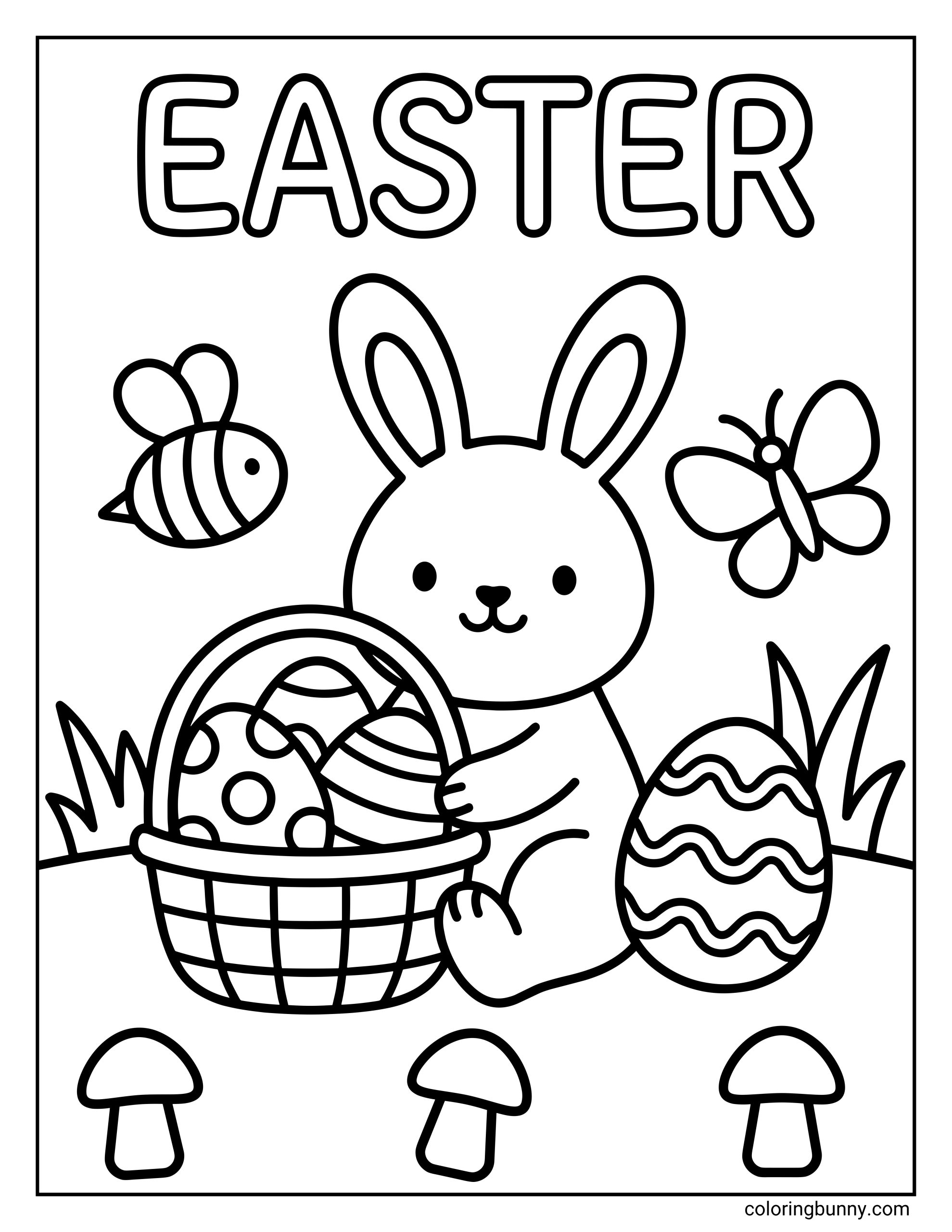 Easter coloring page featuring a cute bunny holding a basket filled with decorated eggs, with a large patterned egg, mushrooms, grass, a bee, and a butterfly around the scene.