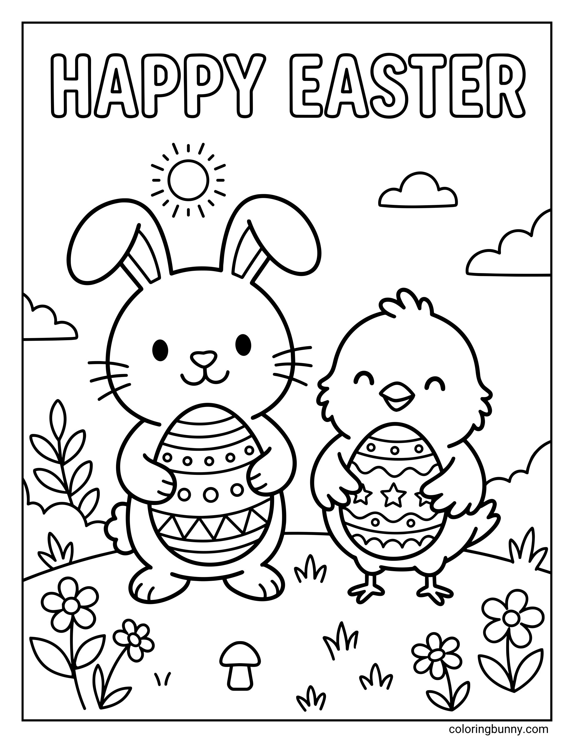 Printable Easter coloring page featuring a cute bunny and chick holding decorated eggs next to spring flowers and a mushroom, and a "HAPPY EASTER" banner with a bright sun.