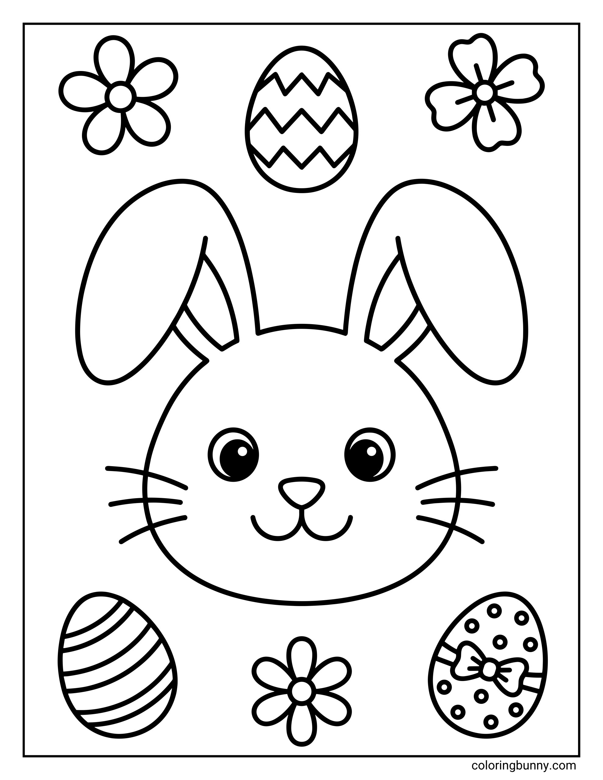 A coloring sheet of a smiling bunny head surrounded by decorated Easter eggs and simple flowers, with different egg patterns placed around the bunny’s face.