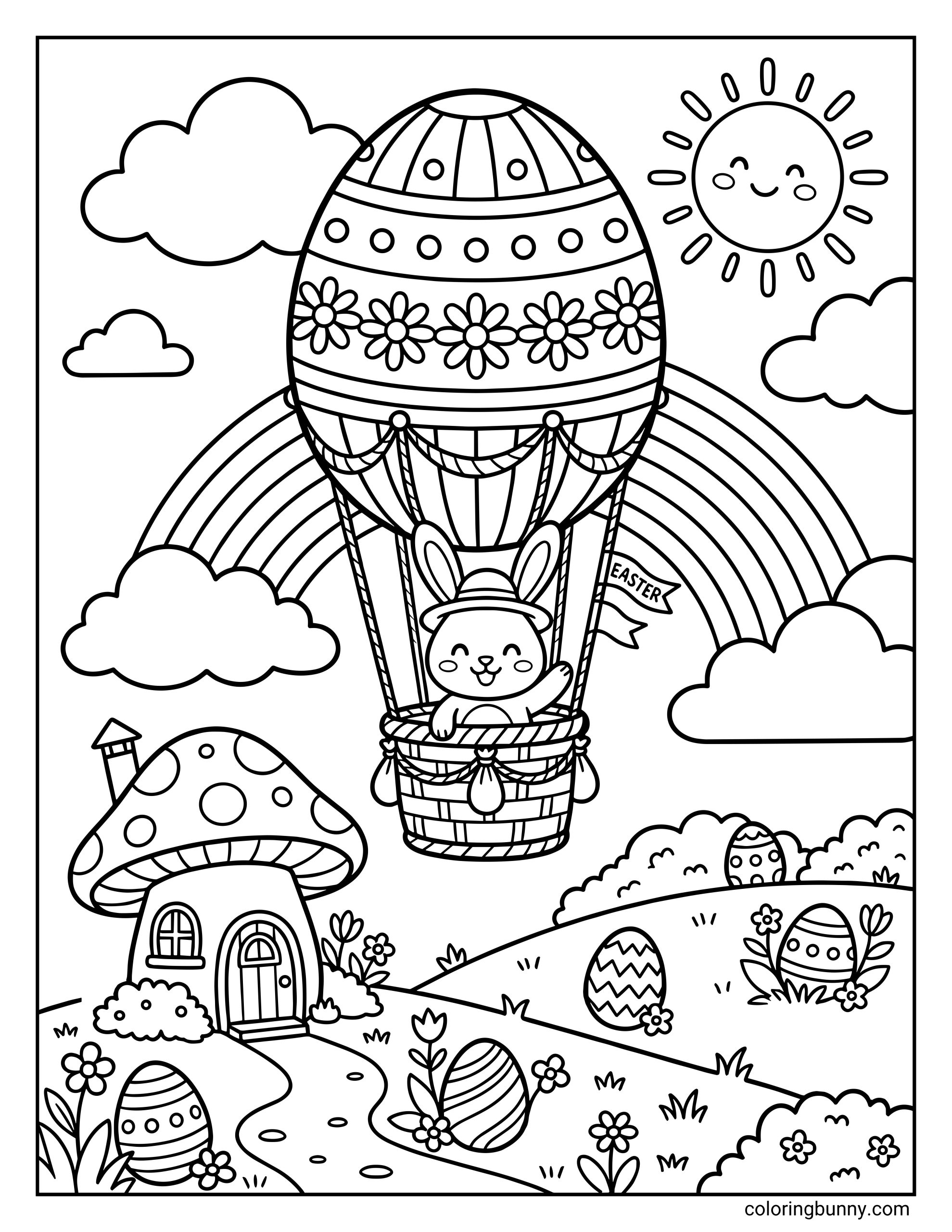 Printable Easter coloring page featuring a happy bunny in a basket holding a giant patterned egg hot air balloon next to a mushroom house, rainbow, and hills with hidden eggs, and a smiling sun with an "EASTER" flag.