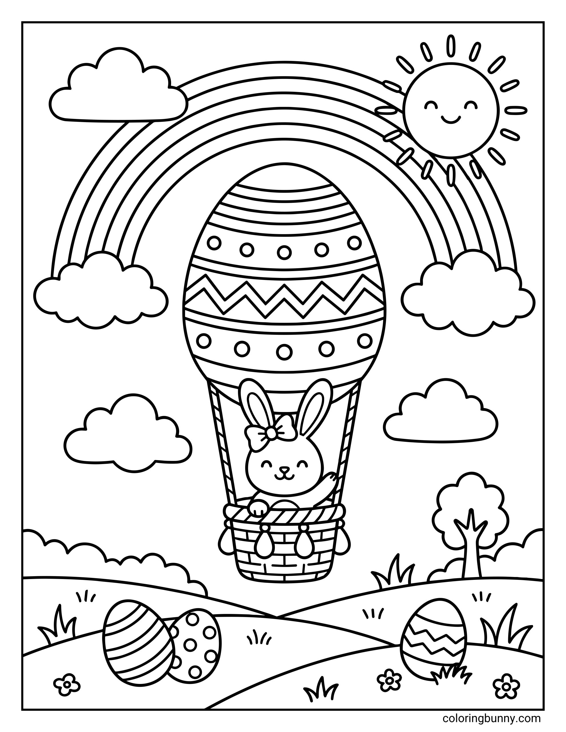 Printable Easter egg coloring page featuring a sweet bunny with a bow sitting in a basket attached to a large patterned egg hot air balloon next to a giant rainbow and hills with hidden eggs, and a big smiling sun.