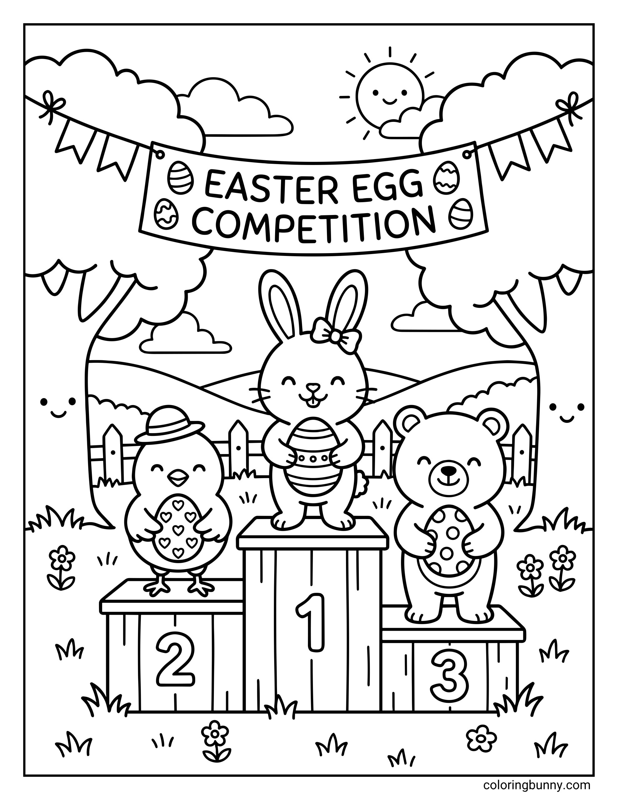 A fun Easter coloring sheet for kids showing an exciting Easter egg competition, featuring a happy chick, a bunny, and a bear proudly holding their patterned eggs on a numbered winners' podium under a celebratory banner.