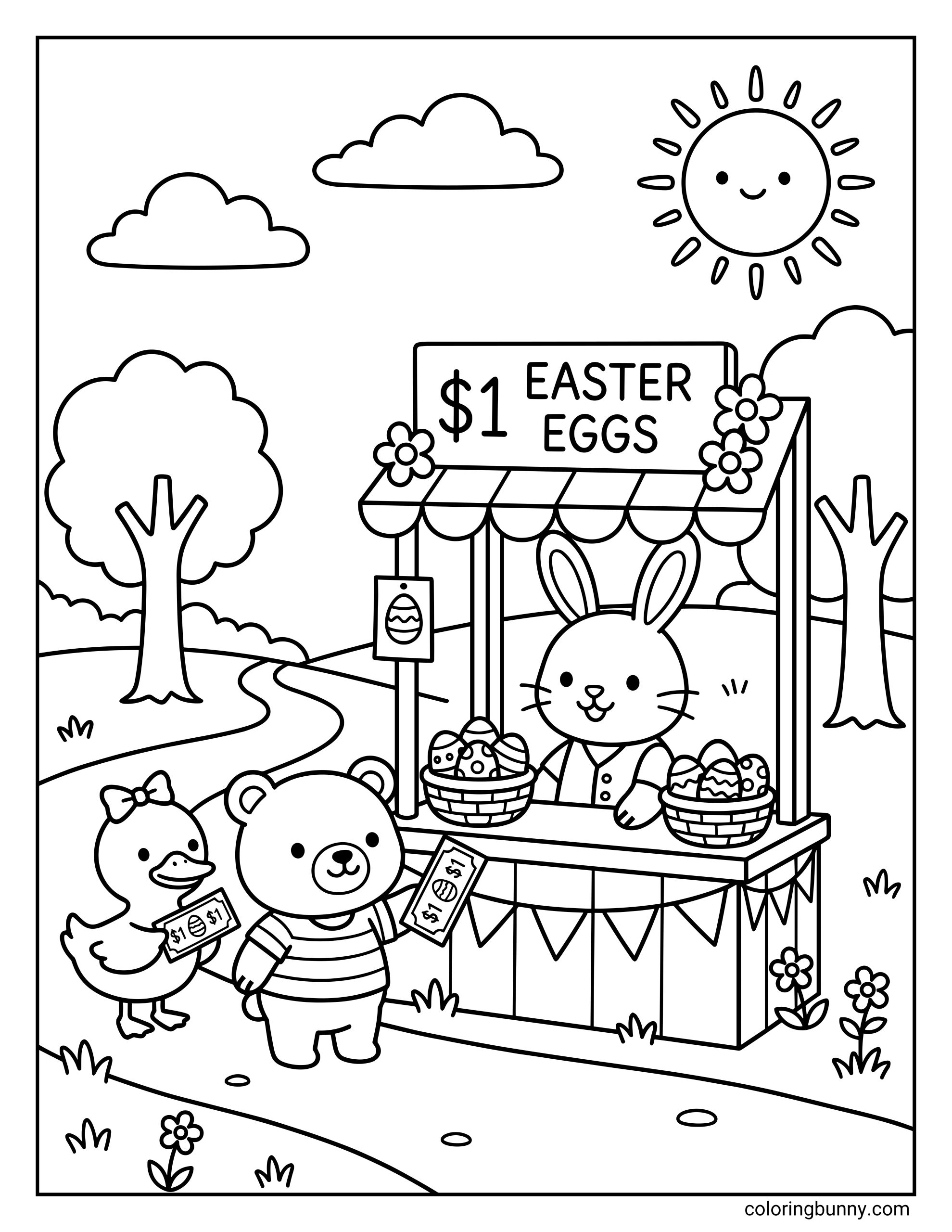 A fun Easter coloring page of a bunny running an Easter egg stand with baskets of decorated eggs and a sign that reads “$1 Easter Eggs,” while a duck and a bear stand nearby holding money, with trees, flowers, clouds, and a smiling sun in the background.