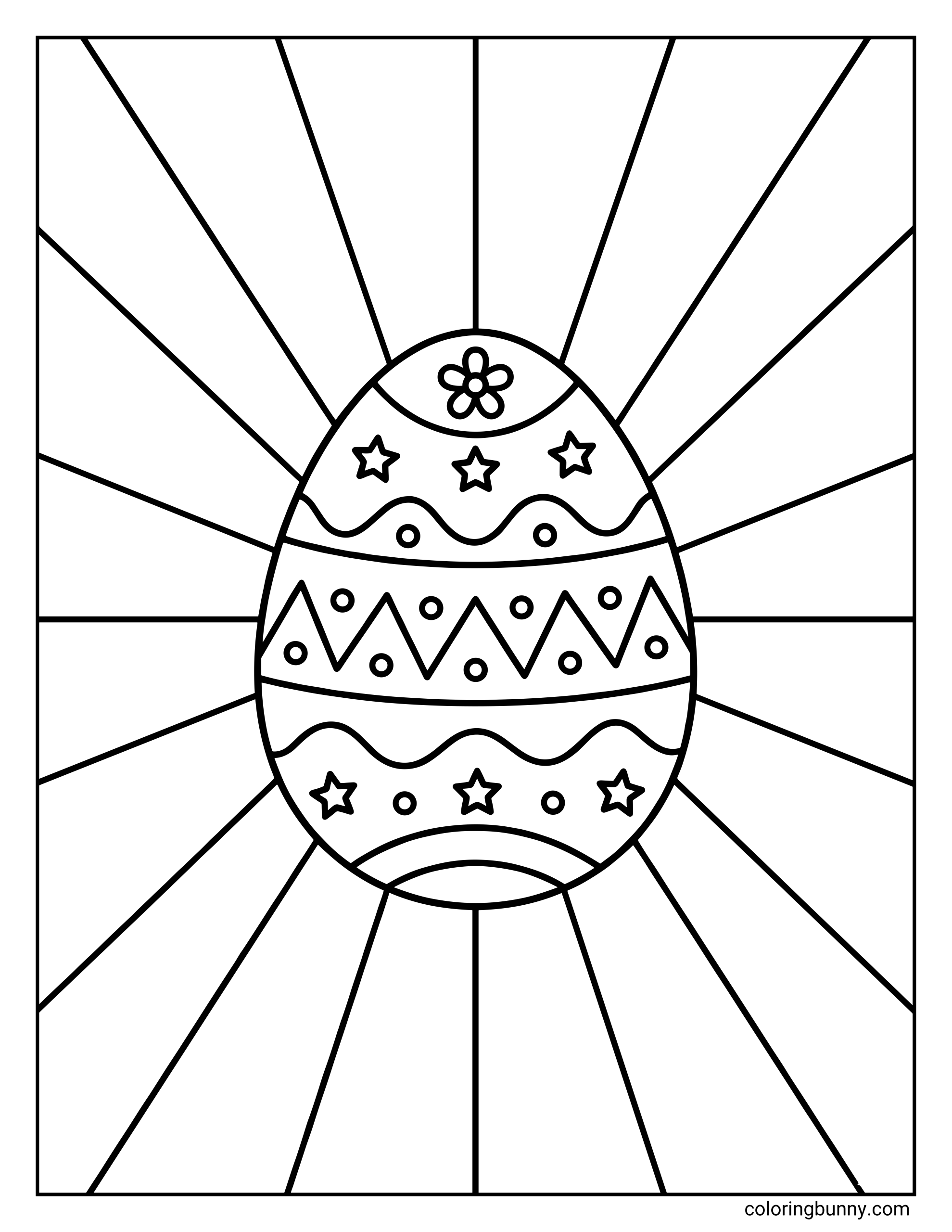 Printable Easter egg coloring page featuring a decorated egg with stars, zigzags, dots, and wavy patterns, set against a radiating sunburst background.