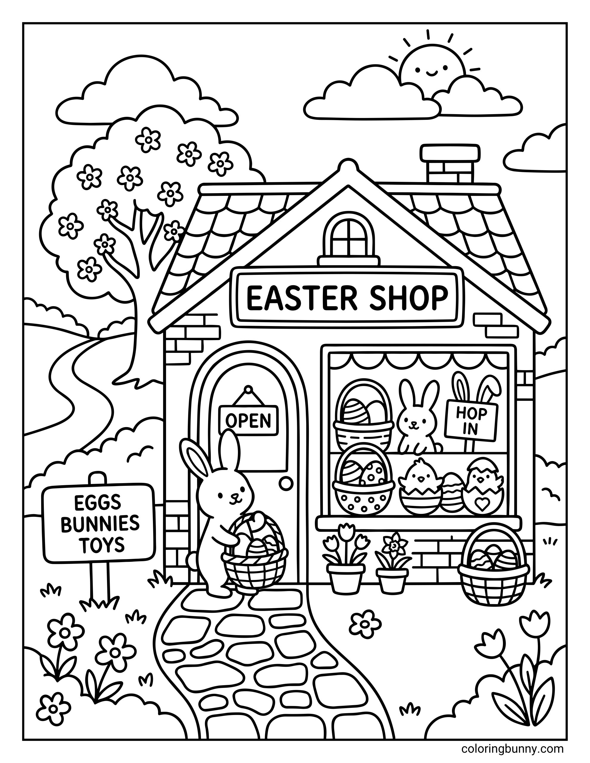 A cozy Easter coloring page of a small Easter shop with a bunny holding a basket of eggs outside, a window display with decorated Easter eggs and chicks, and signs that read “Easter Shop,” “Open,” and “Eggs Bunnies Toys,” with flowers, trees, and a sunny sky around the shop.