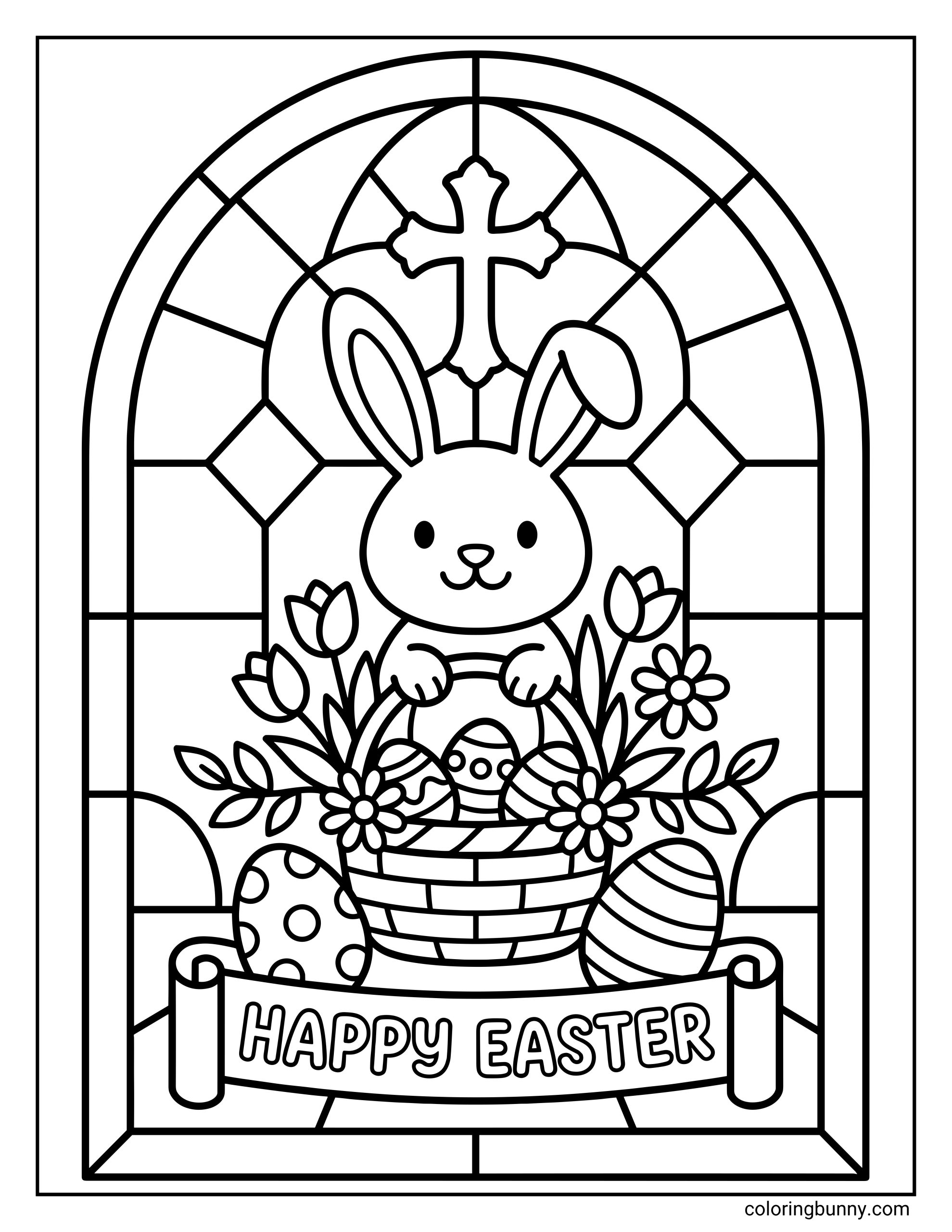 An easy religious Easter coloring page showing a bunny holding a basket full of decorated eggs and flowers inside a stained glass window design with a cross above and Happy Easter banner.