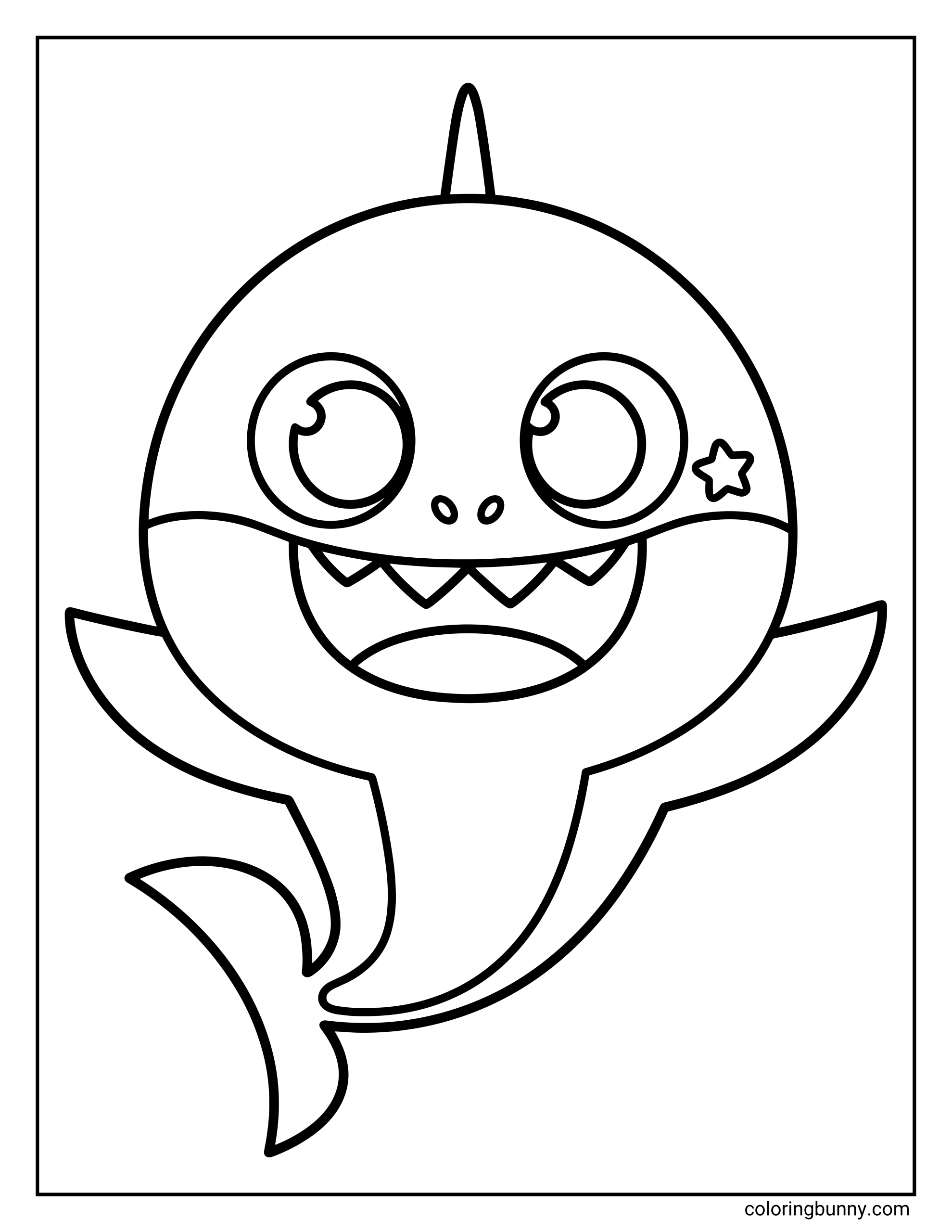 Easy Baby Shark coloring page showing a large smiling Baby Shark centered on the page, with a star on one cheek, wide eyes, open fins, and a simple black-and-white outline design.
