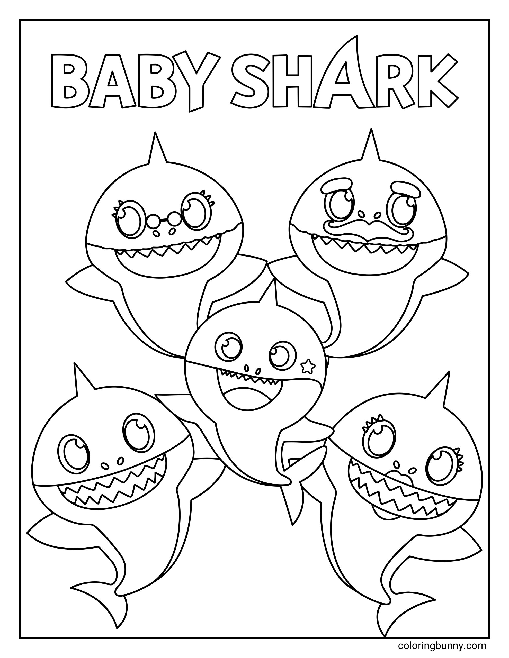 Baby Shark Family coloring page with five cartoon sharks smiling together in a family group, including a small baby shark in front and larger sharks behind, with the words “BABY SHARK” at the bottom.