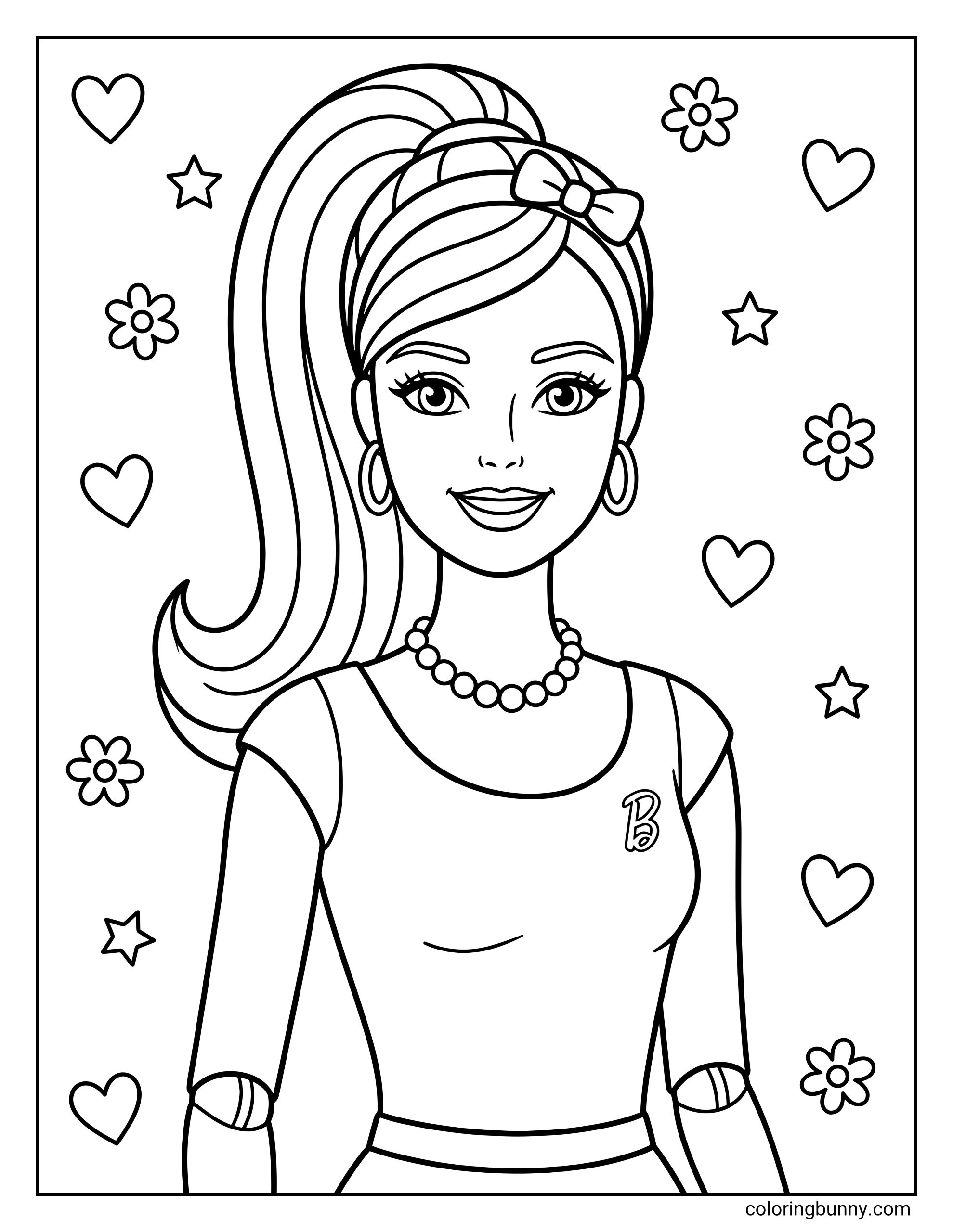 Easy Barbie coloring page for kids featuring a portrait of the doll with a hair bow, a pearl necklace, and a top with a 'B', surrounded by hearts, stars, and flowers.