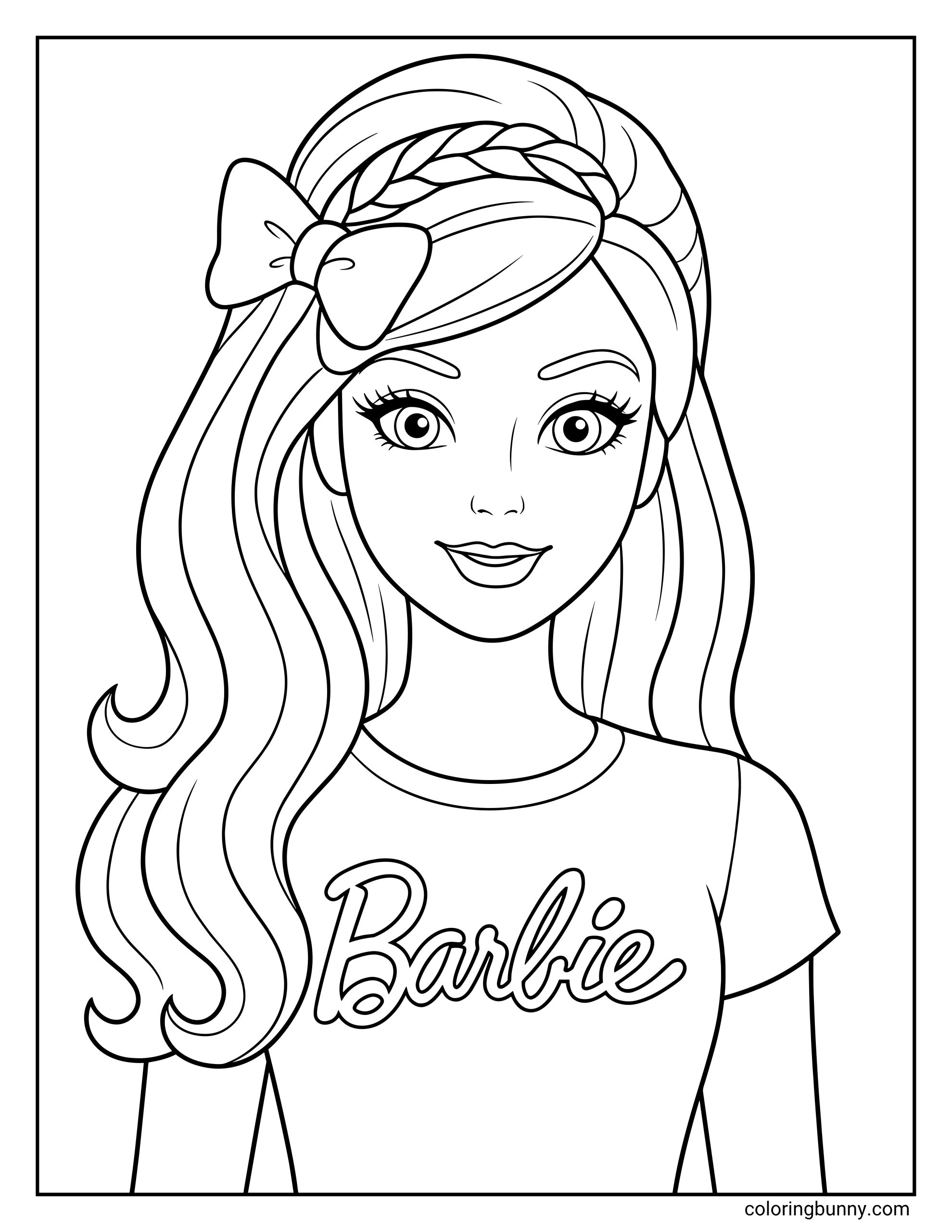 Simple Barbie coloring page for kids featuring a close-up of a girl with long wavy hair, a hair bow, and a shirt with cursive Barbie text.