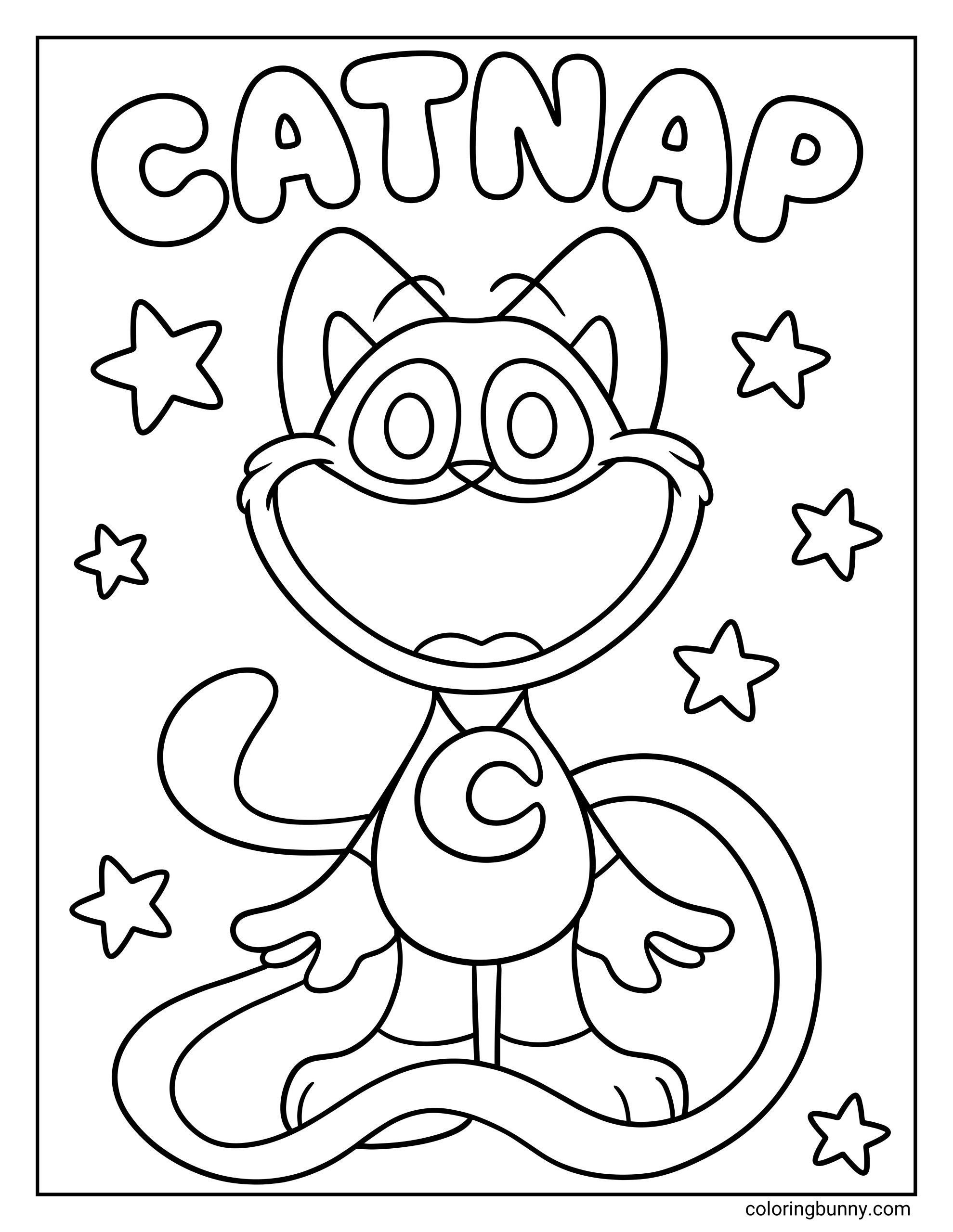 An easy coloring sheet of CatNap standing with a crescent moon pendant, surrounded by five-pointed stars and large block letters spelling his name.