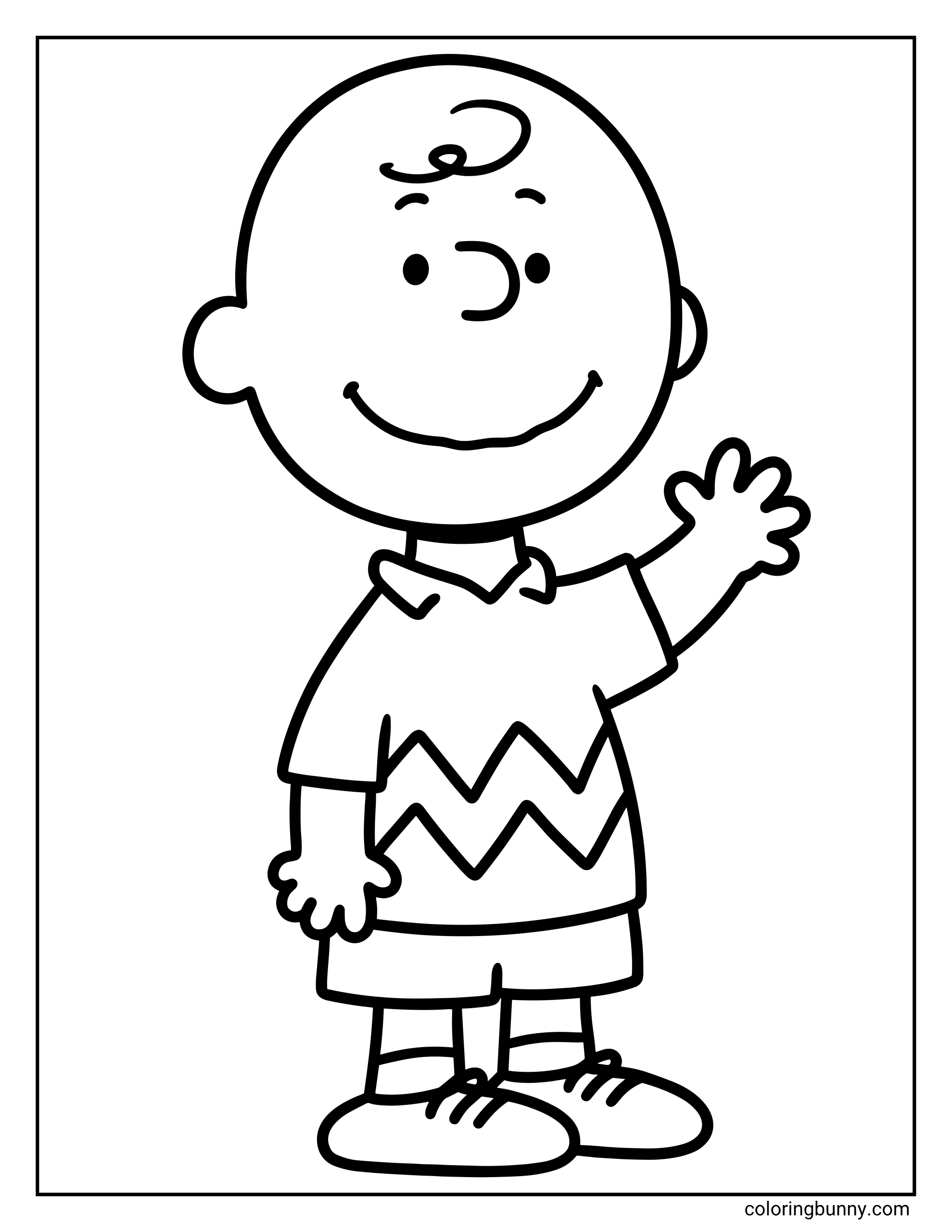 Charlie Brown coloring page showing the Peanuts character Charlie Brown standing and waving, with his zigzag shirt, shorts, striped socks, and simple black-and-white outline on a plain background.