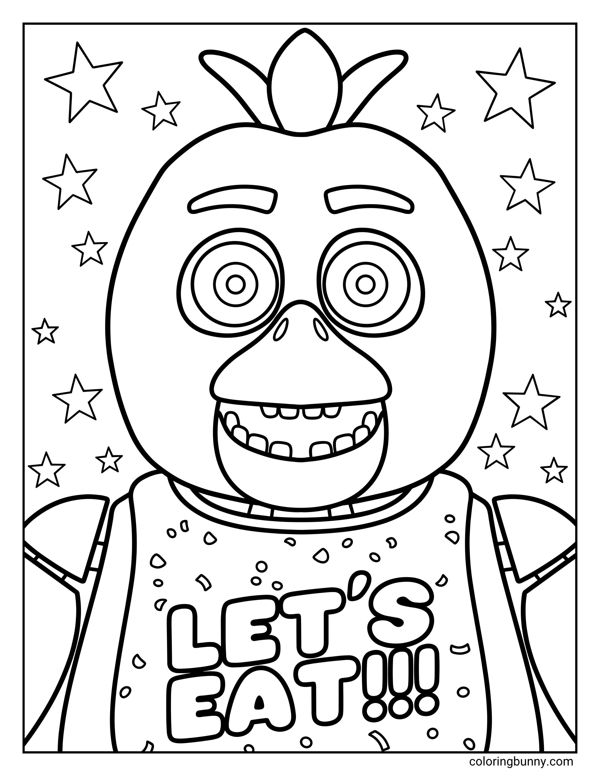 Easy FNAF Chica head close up coloring page showing Chicaβs face and upper body with her βLetβs Eat!!!β bib, surrounded by stars