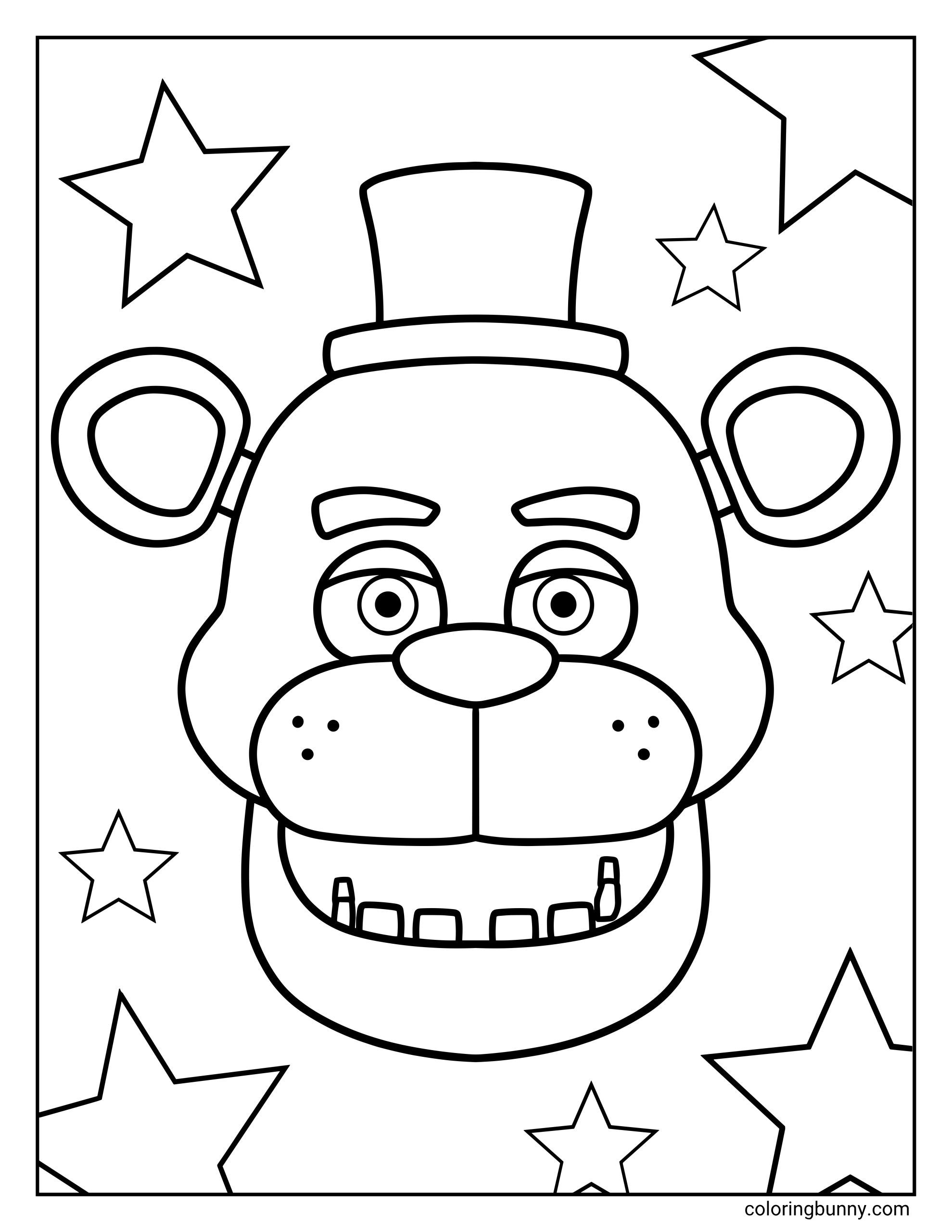 Easy FNAF Freddy Fazbear head coloring page showing Freddyβs face in a large front-facing portrait with his top hat, round ears, thick eyebrows, and star shapes around him in a simple black-and-white design.