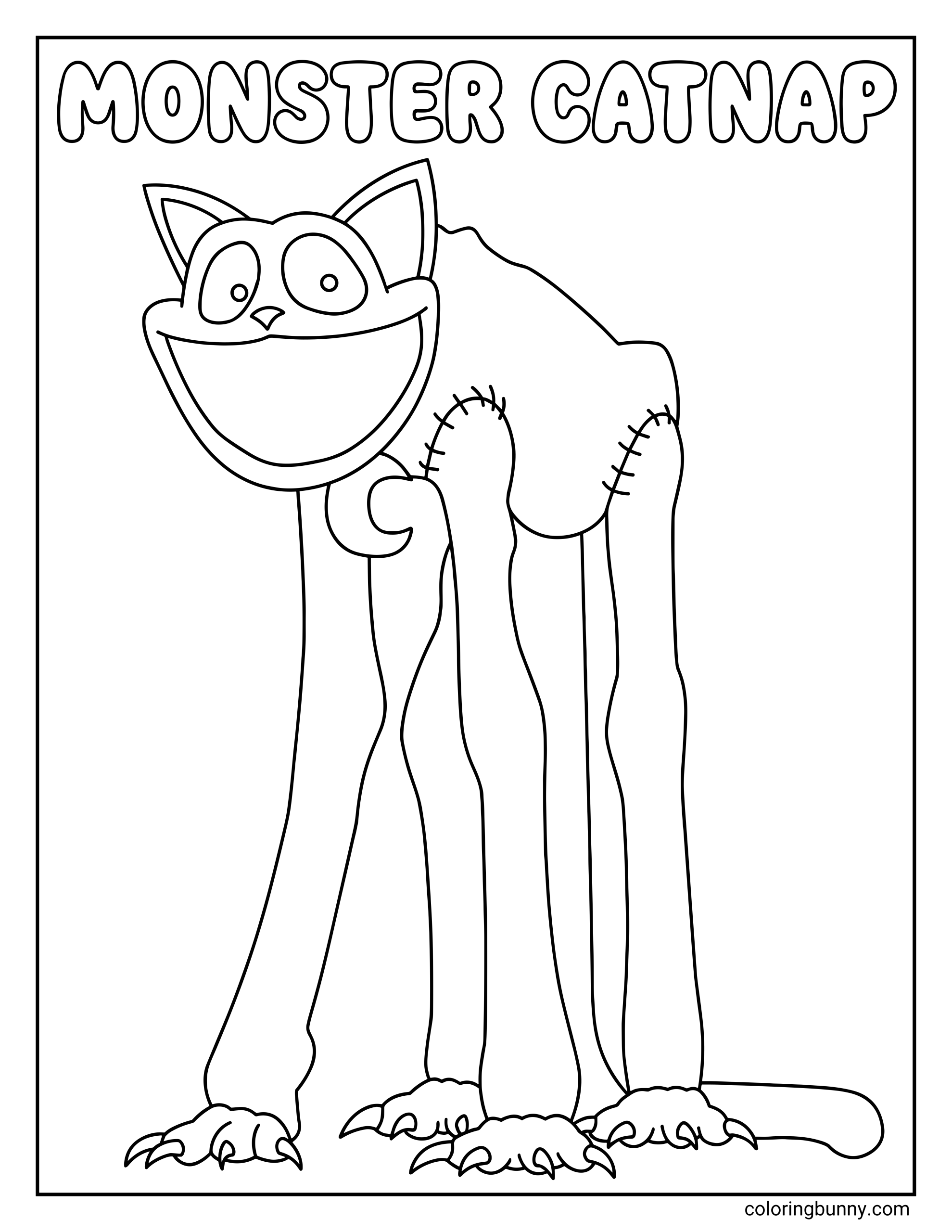 A coloring page of Monster CatNap from Poppy Playtime with long legs, clawed feet, and stitched toy patches, beneath a “Monster CatNap” title.