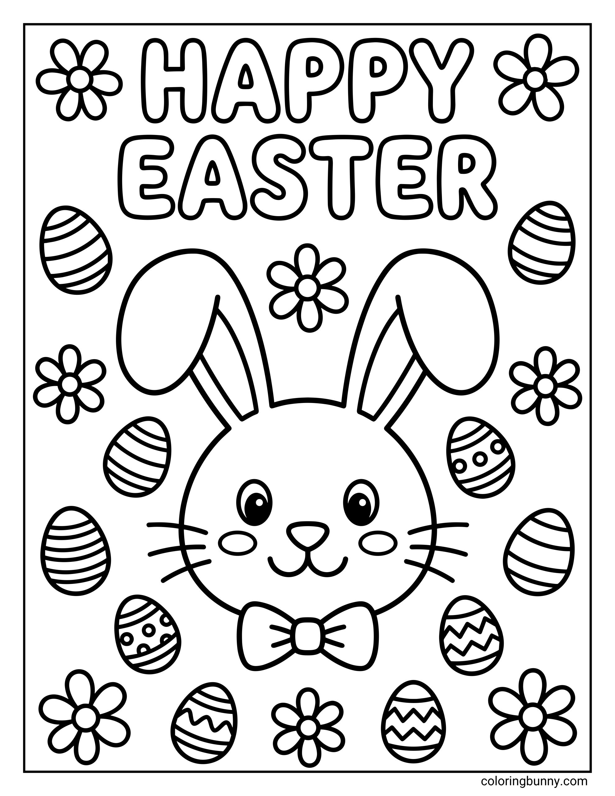 An Easter coloring page of a cute bunny face wearing a little bow tie, surrounded by beautifully decorated Easter eggs and simple flowers, with the words "HAPPY EASTER" written in large bubble letters at the very top.