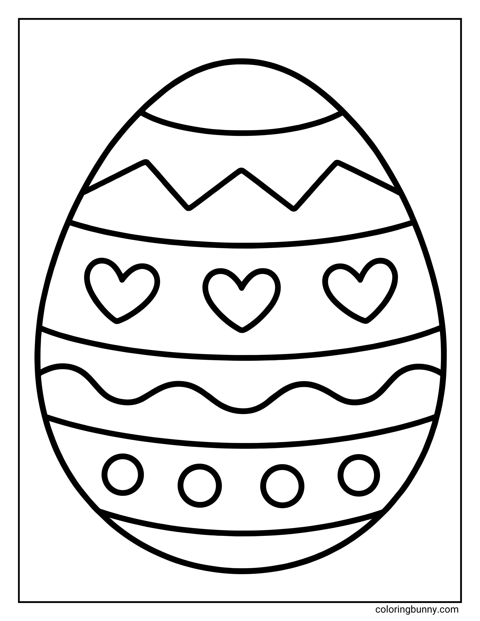 Easy cute Easter egg coloring page for kids featuring heart shapes, zigzag lines, wavy stripes, and dots inside a large egg outline.