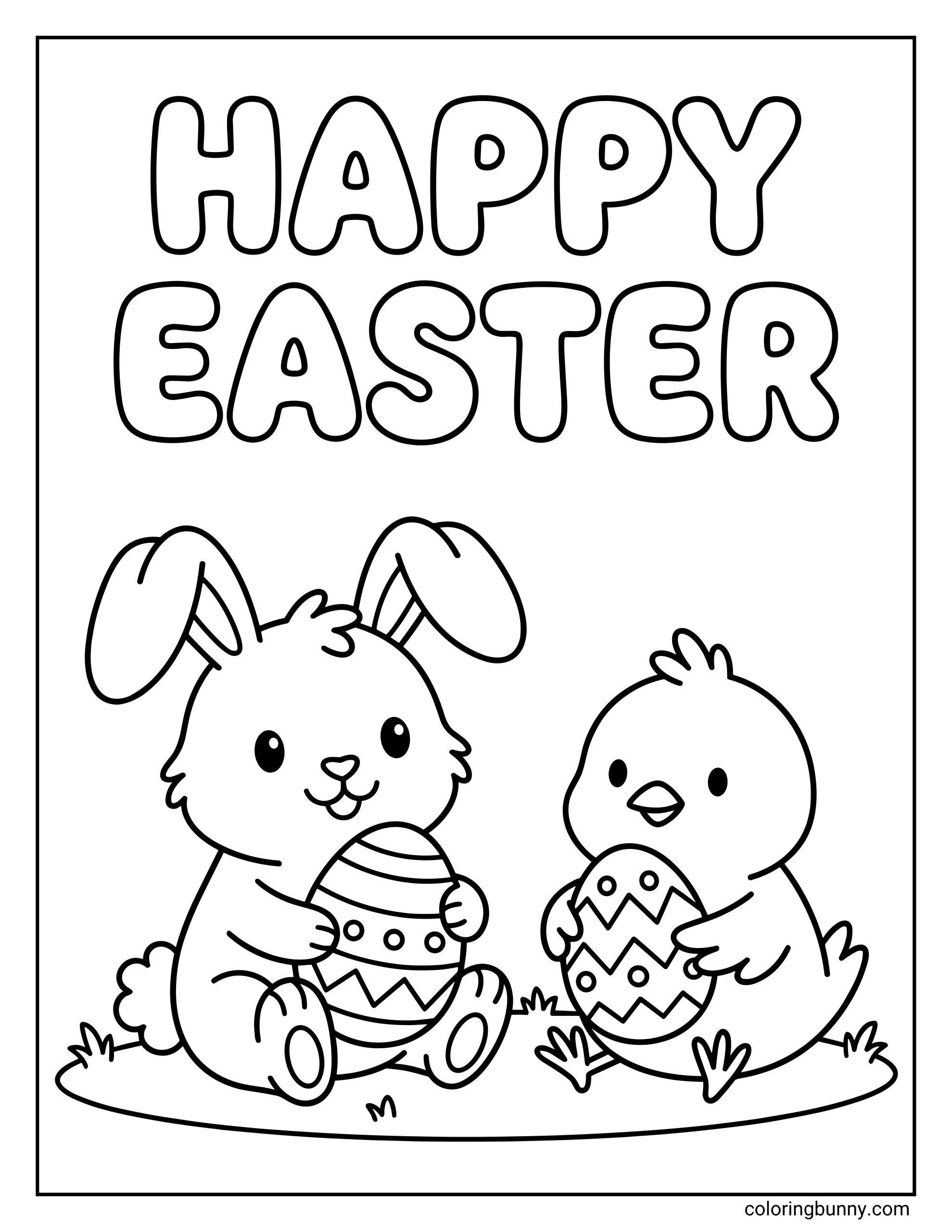 Simple Easter coloring page for kids featuring a cute sitting bunny and chick holding decorated eggs and a large "HAPPY EASTER" text.