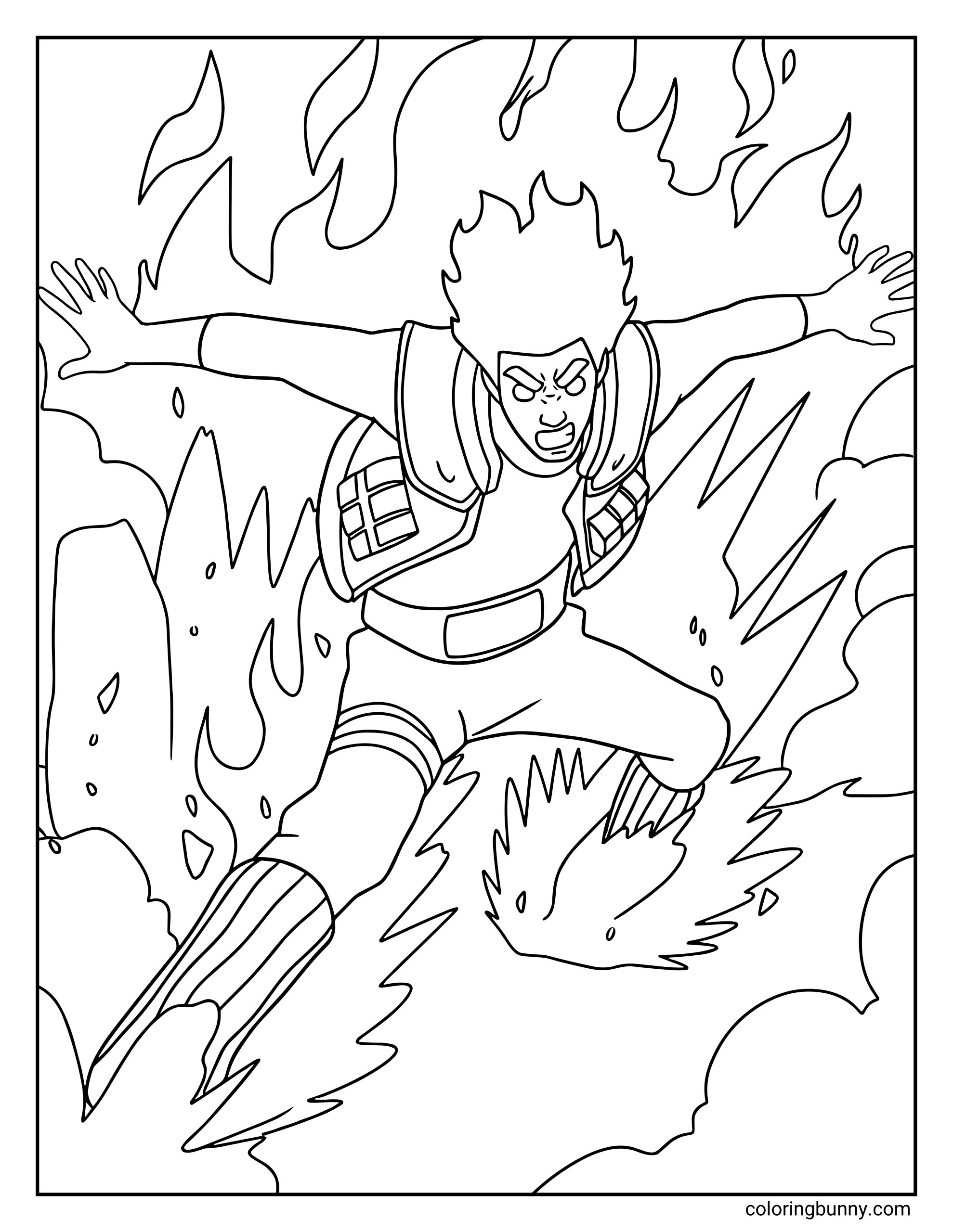 A Naruto coloring page featuring Might Guy unleashing the power of the Eight Gates technique as flames of energy move around him. With his arms spread wide and his body surrounded by intense chakra, the legendary taijutsu master charges forward in one of the most powerful moments from Naruto: Shippuden.