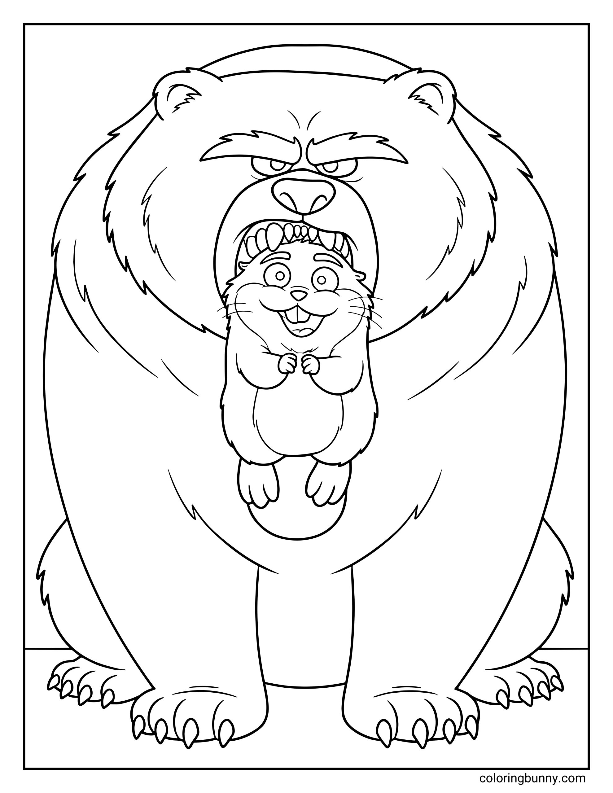 A Hoppers Disney Pixar coloring page showing Ellen the bear with Mabel the beaver held gently in her open mouth. The massive bear towers over the small beaver, showing her thick fur, sharp claws, and powerful build while Mabel appears tiny in comparison.