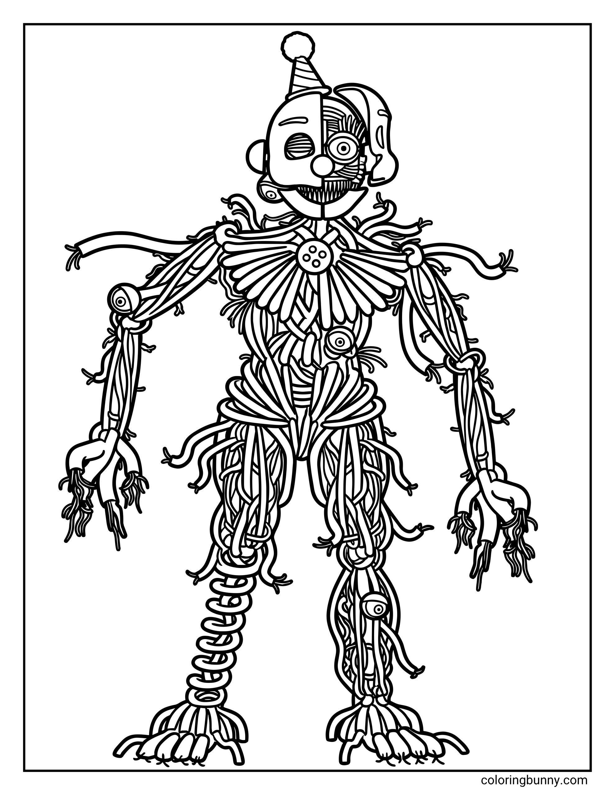 A detailed coloring page of Ennard from Five Nights at Freddy's: Sister Location. The character is a complex mass of tangled wires and cables forming a humanoid body. It wears a white clown mask that is broken, revealing mechanical parts and a robotic eye underneath. A small, striped party hat sits on its head, and four extra eyeballs are visible throughout its wiry frame. A single four-holed button is attached to its chest wires.