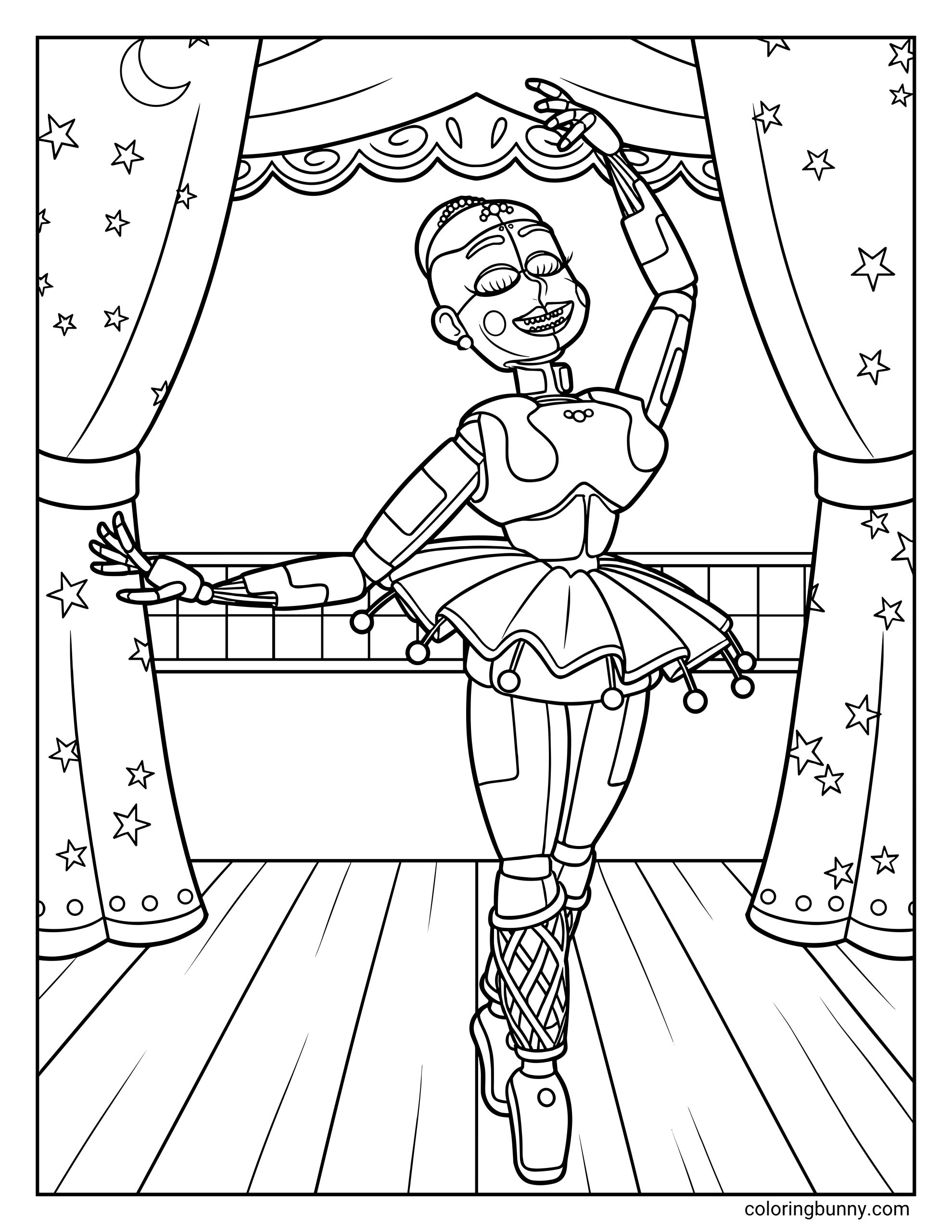 Ballora FNAF coloring page featuring the animatronic ballerina dancing on a wooden stage with star-patterned curtains and a crescent moon.