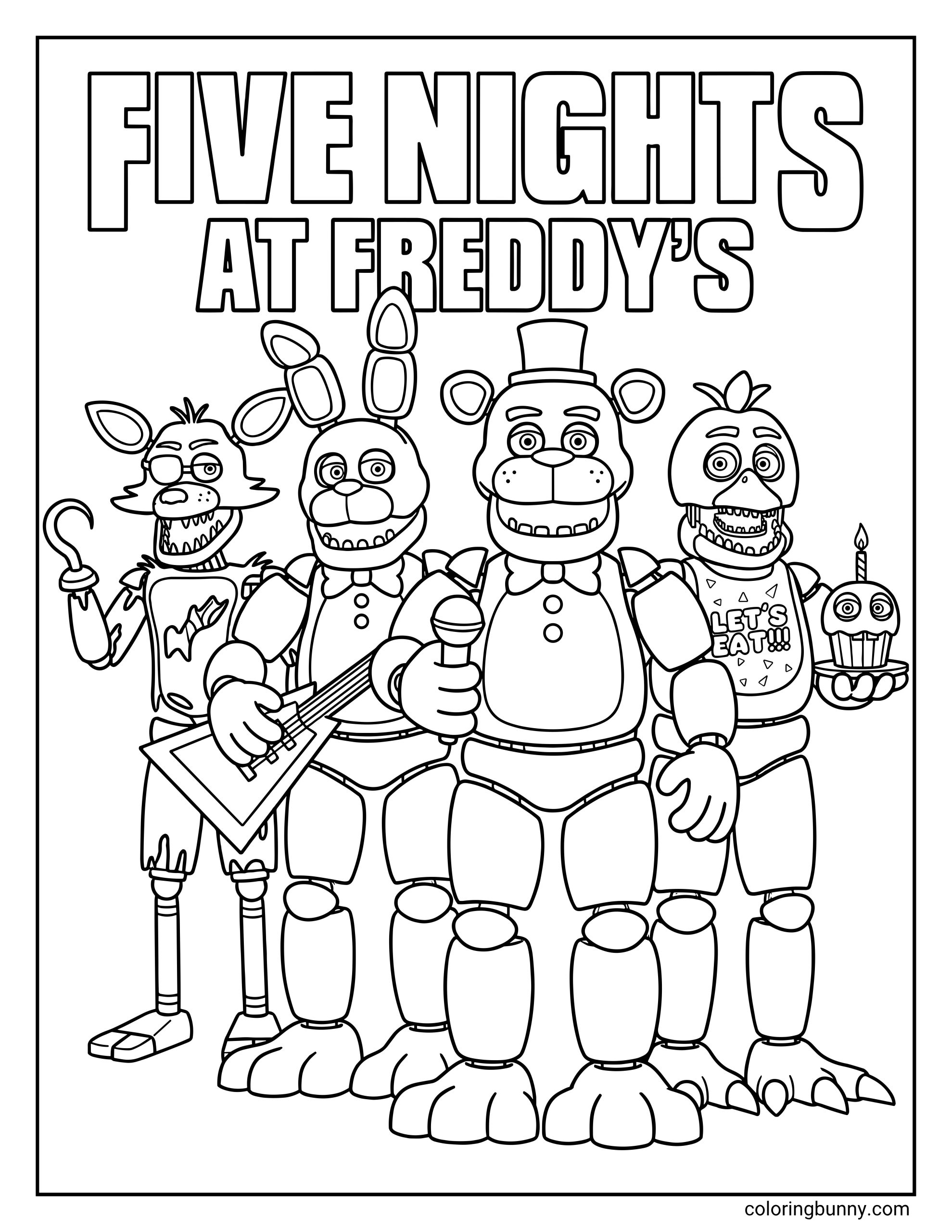 Five Nights at Freddy's characters coloring page featuring Foxy with his hook, Bonnie playing guitar, Freddy holding a microphone, and Chica holding a cupcake below the game's logo.