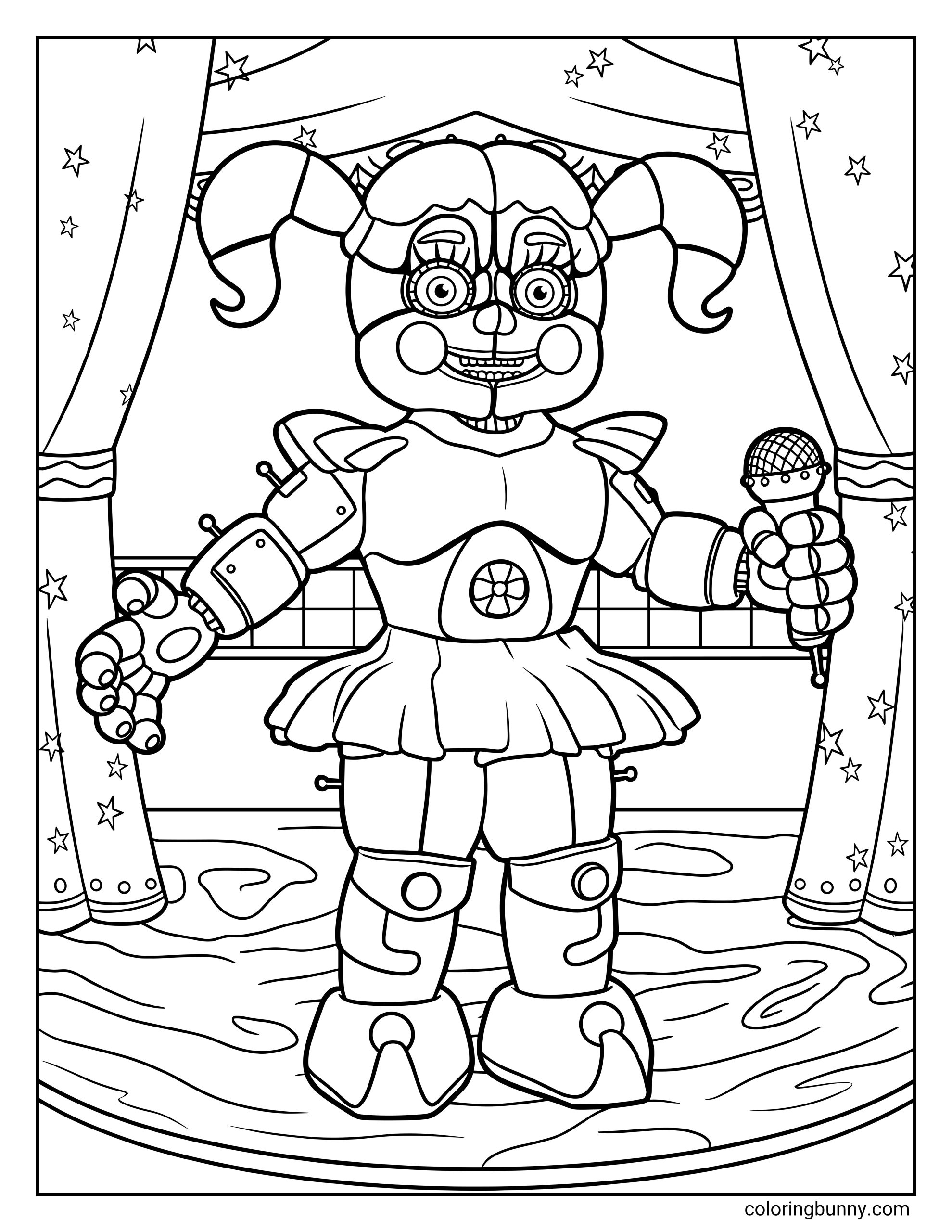 Simple Circus Baby FNAF coloring page for kids featuring the character in a tutu holding a microphone on a stage.